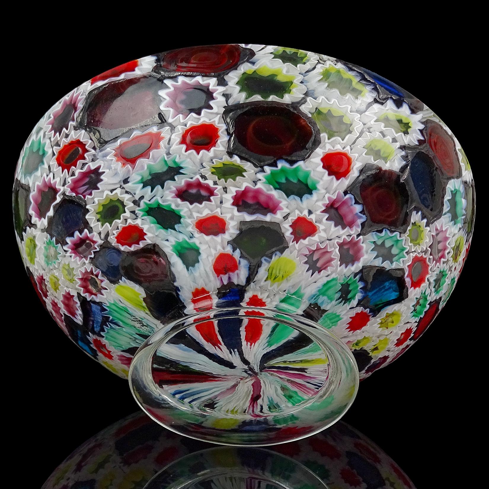 20th Century Fratelli Toso Murano Millefiori Flower Star Mosaic Italian Art Glass Footed Bowl