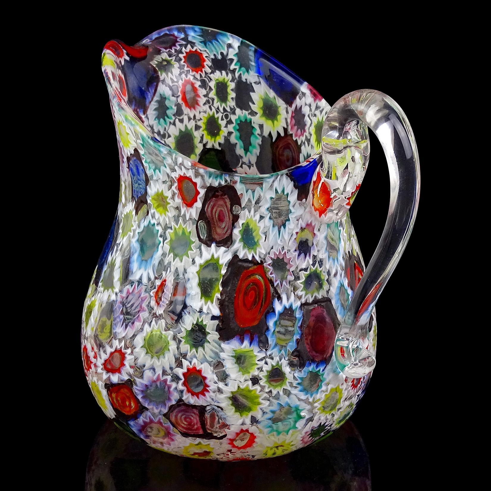 20th Century Fratelli Toso Murano Millefiori Flower Star Mosaic Italian Art Glass Pitcher For Sale