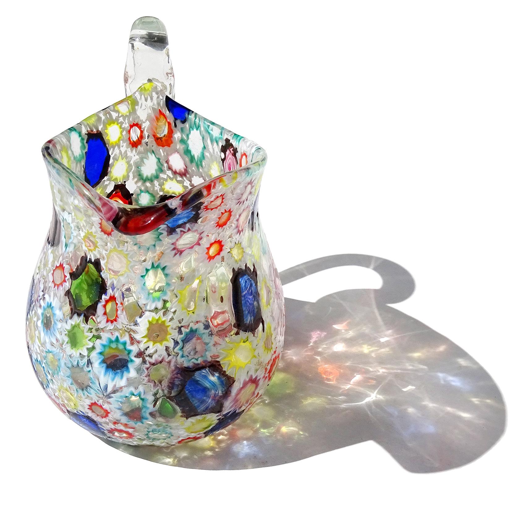 Hand-Crafted Fratelli Toso Murano Millefiori Flower Star Mosaic Italian Art Glass Pitcher For Sale