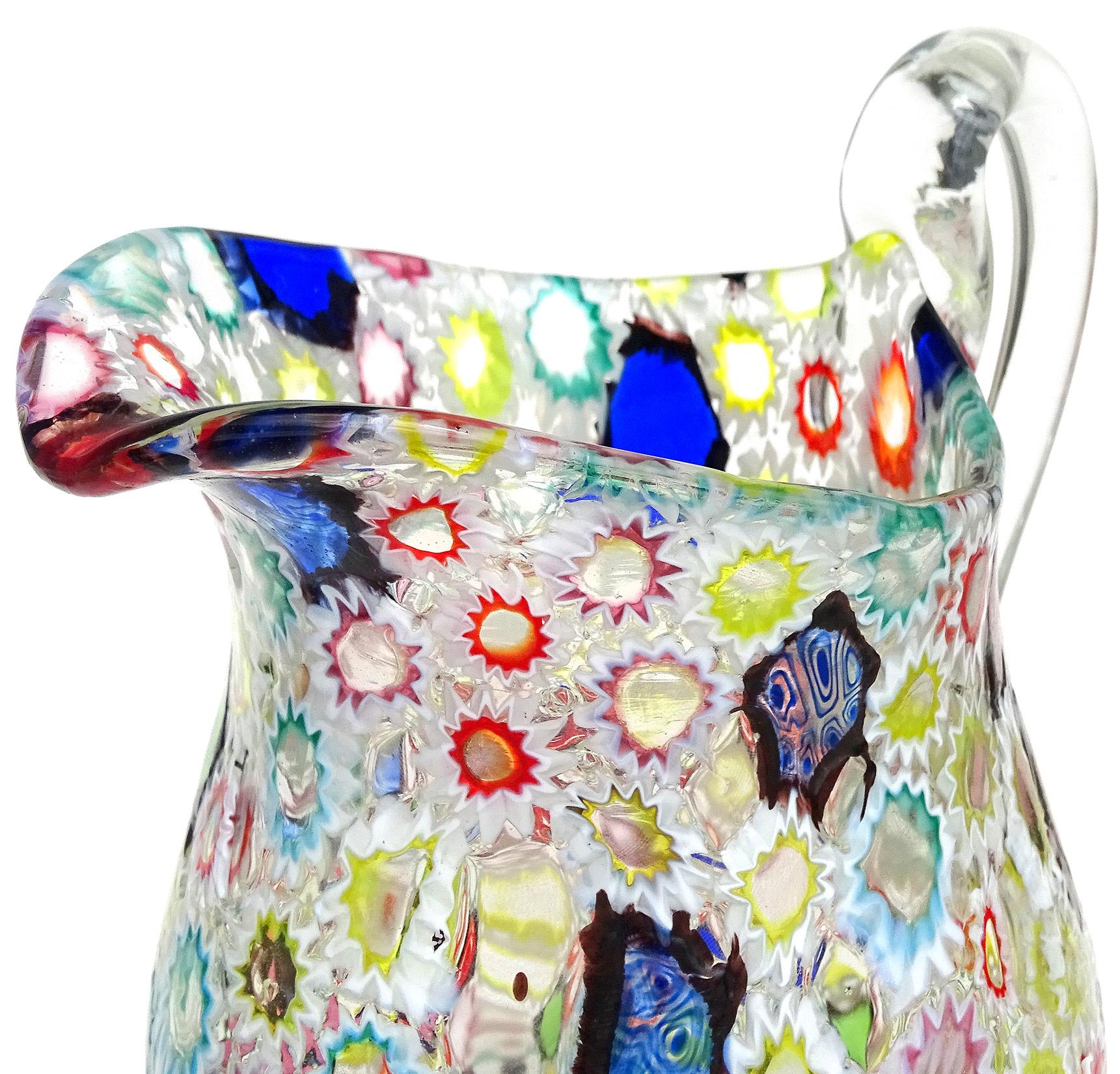 Fratelli Toso Murano Millefiori Flower Star Mosaic Italian Art Glass Pitcher For Sale 5