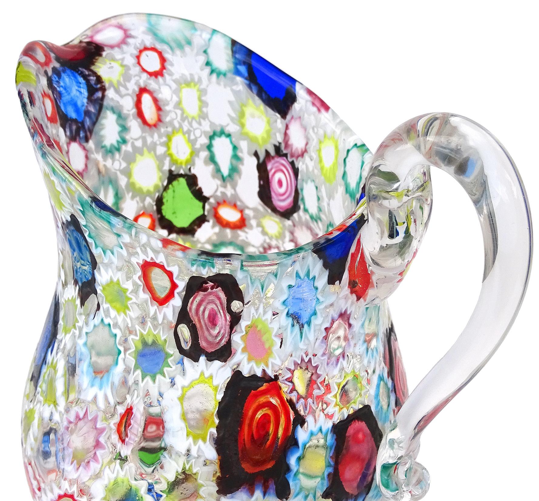 Fratelli Toso Murano Millefiori Flower Star Mosaic Italian Art Glass Pitcher For Sale 4