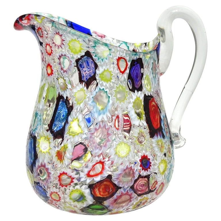 Fratelli Toso Murano Millefiori Flower Star Mosaic Italian Art Glass Pitcher