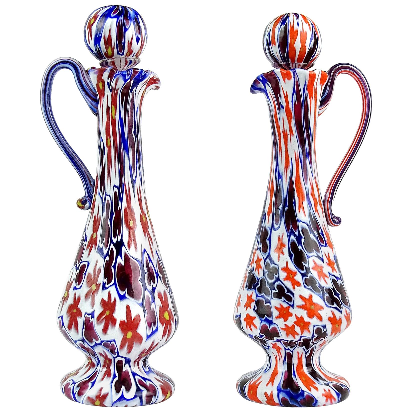 Fratelli Toso Murano Millefiori Flower Star Mosaic Italian Art Glass Pitchers For Sale