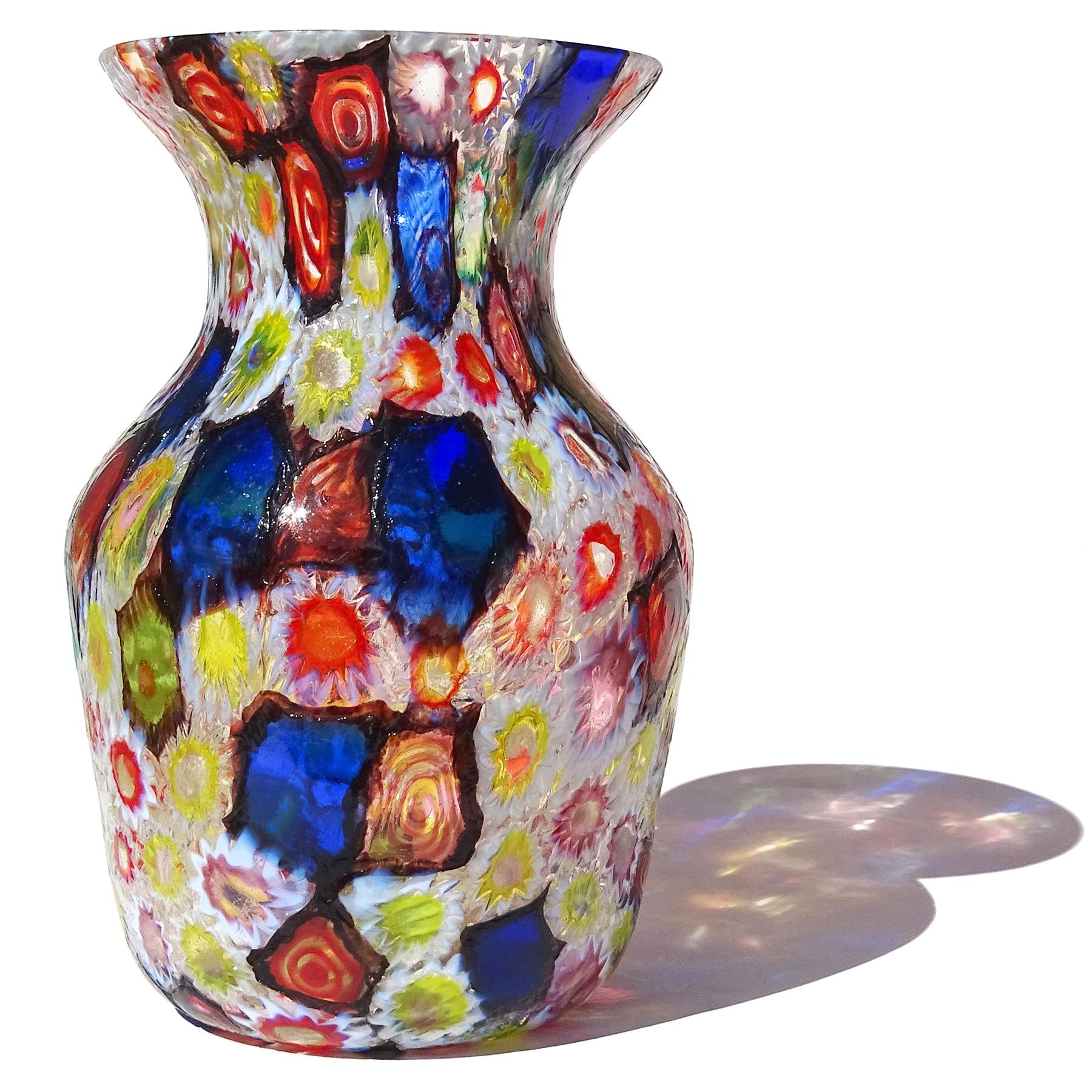 Mid-Century Modern Fratelli Toso Murano Millefiori Flower Star Opal Mosaic Italian Art Glass Vase For Sale