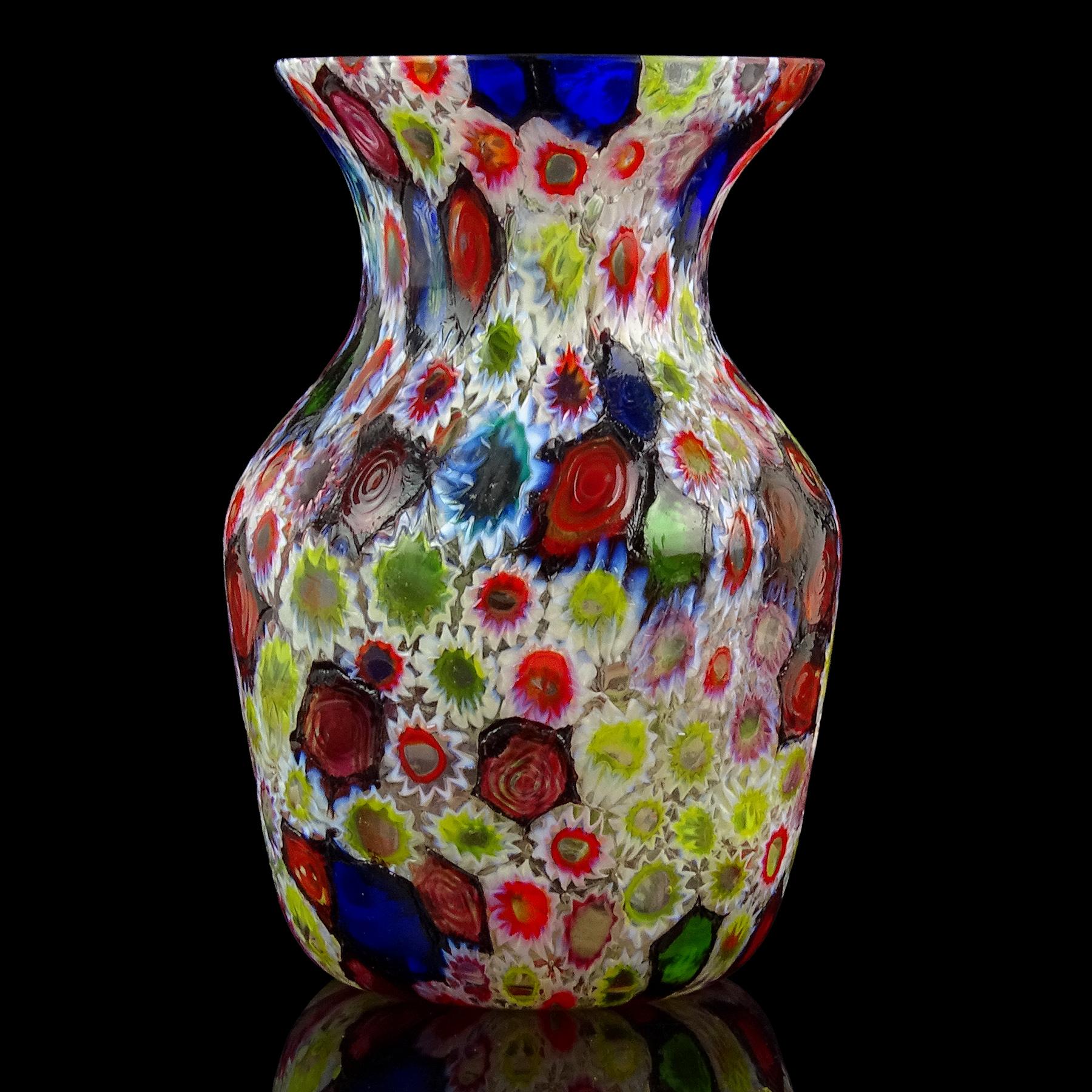 Hand-Crafted Fratelli Toso Murano Millefiori Flower Star Opal Mosaic Italian Art Glass Vase For Sale