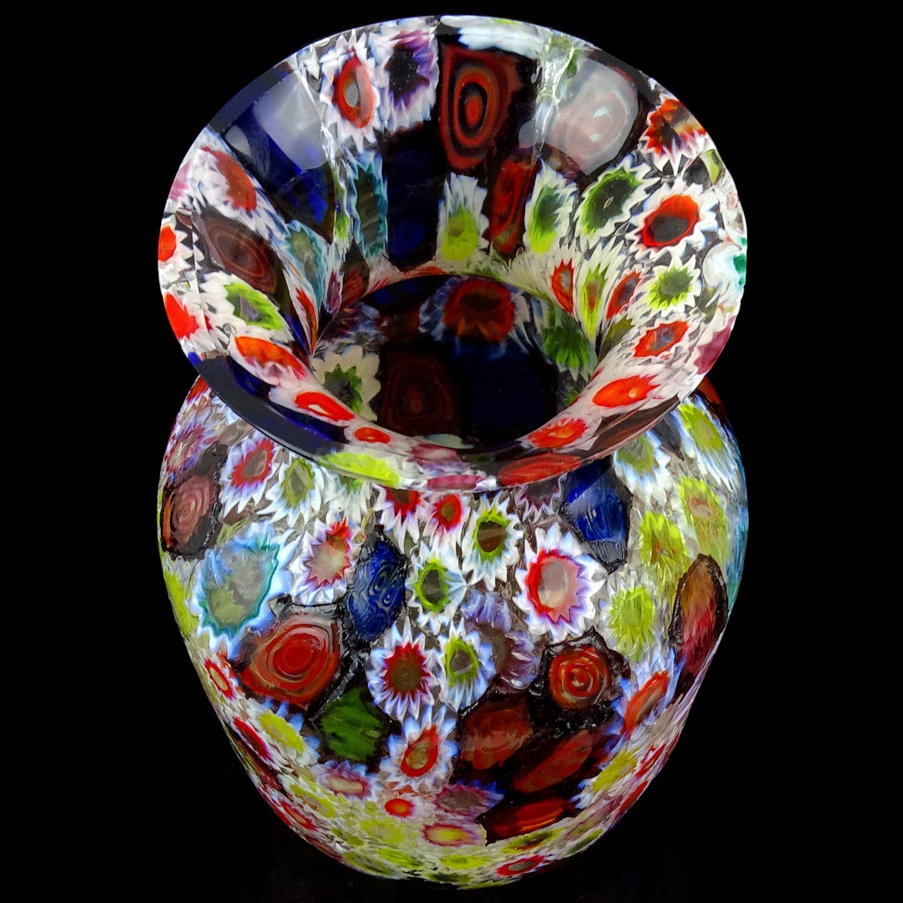 20th Century Fratelli Toso Murano Millefiori Flower Star Opal Mosaic Italian Art Glass Vase For Sale