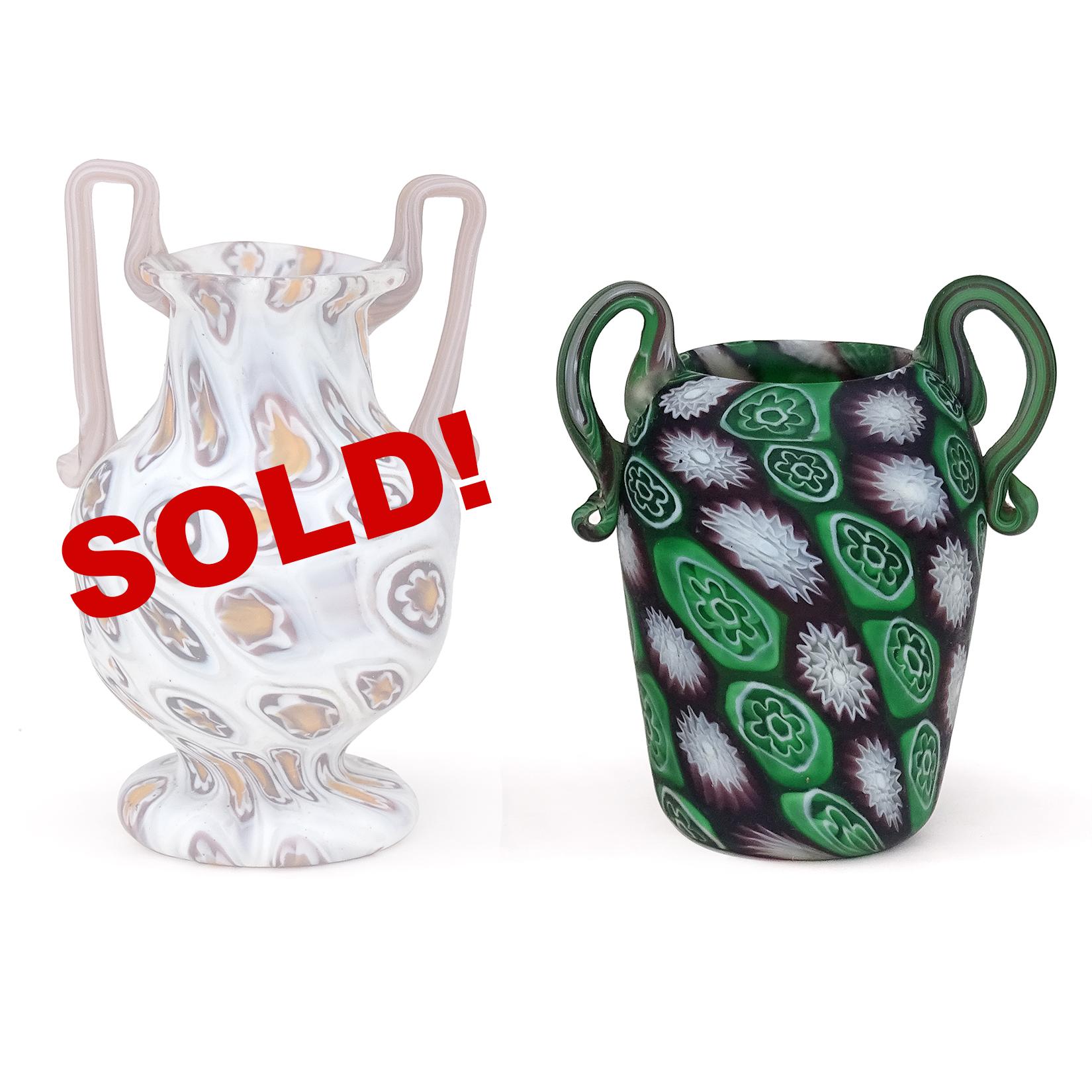 ONLY 1 Left! Beautiful antique Murano hand blown millefiori flower Mosaic Italian art glass decorative double handles cabinet vase. Documented to the Fratelli Toso company, circa 1900-1920. The vase has an early, and very unusual design and color