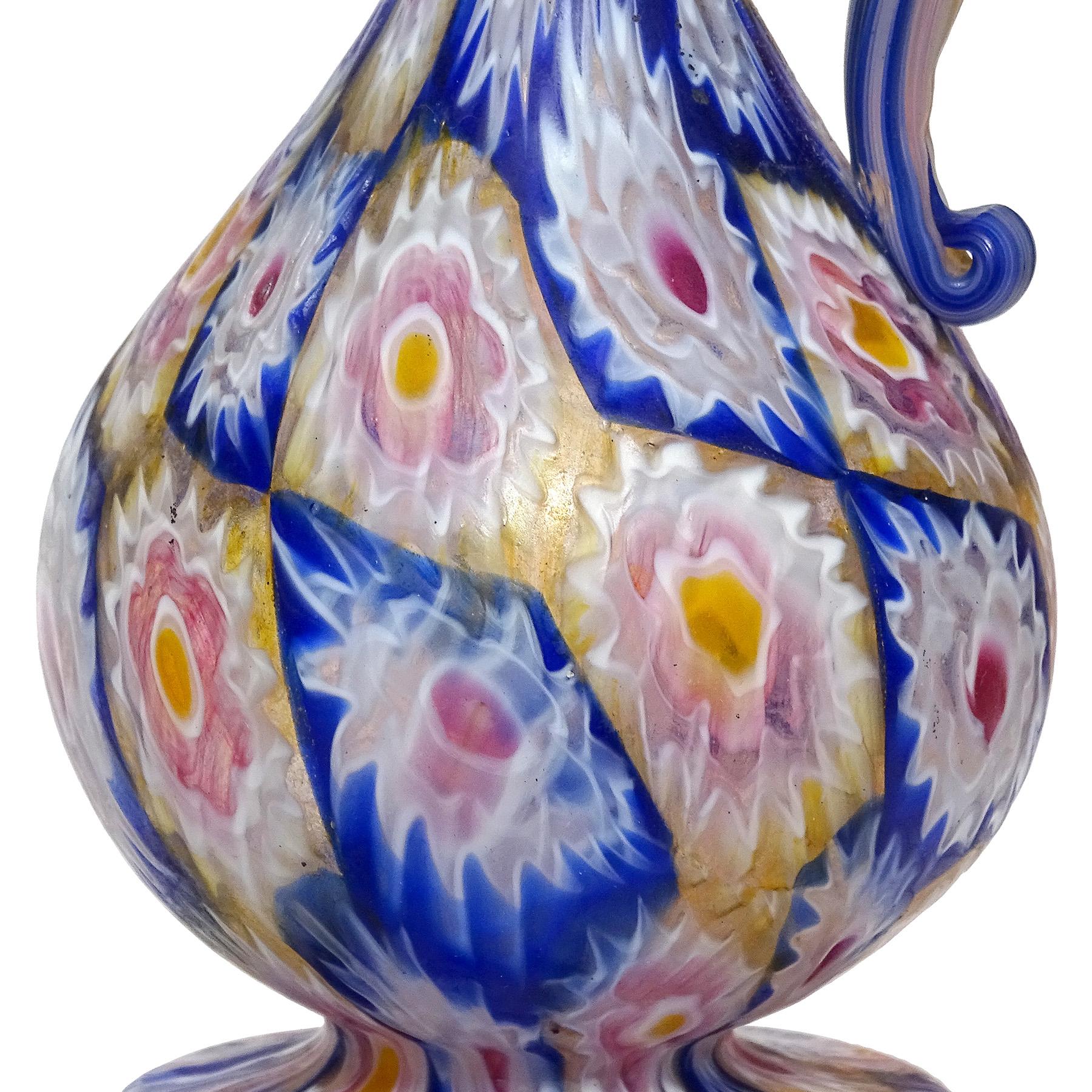 Mosaic Fratelli Toso Murano Millefiori Flowers Antique Italian Art Glass Cabinet Vase For Sale