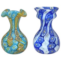 Fratelli Toso Murano Millefiori Flowers Antique Italian Art Glass Cabinet Vases