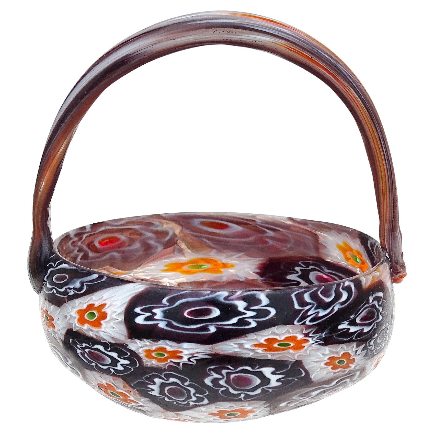 Fratelli Toso Murano Millefiori Flowers Antique Italian Art Glass Mini Basket