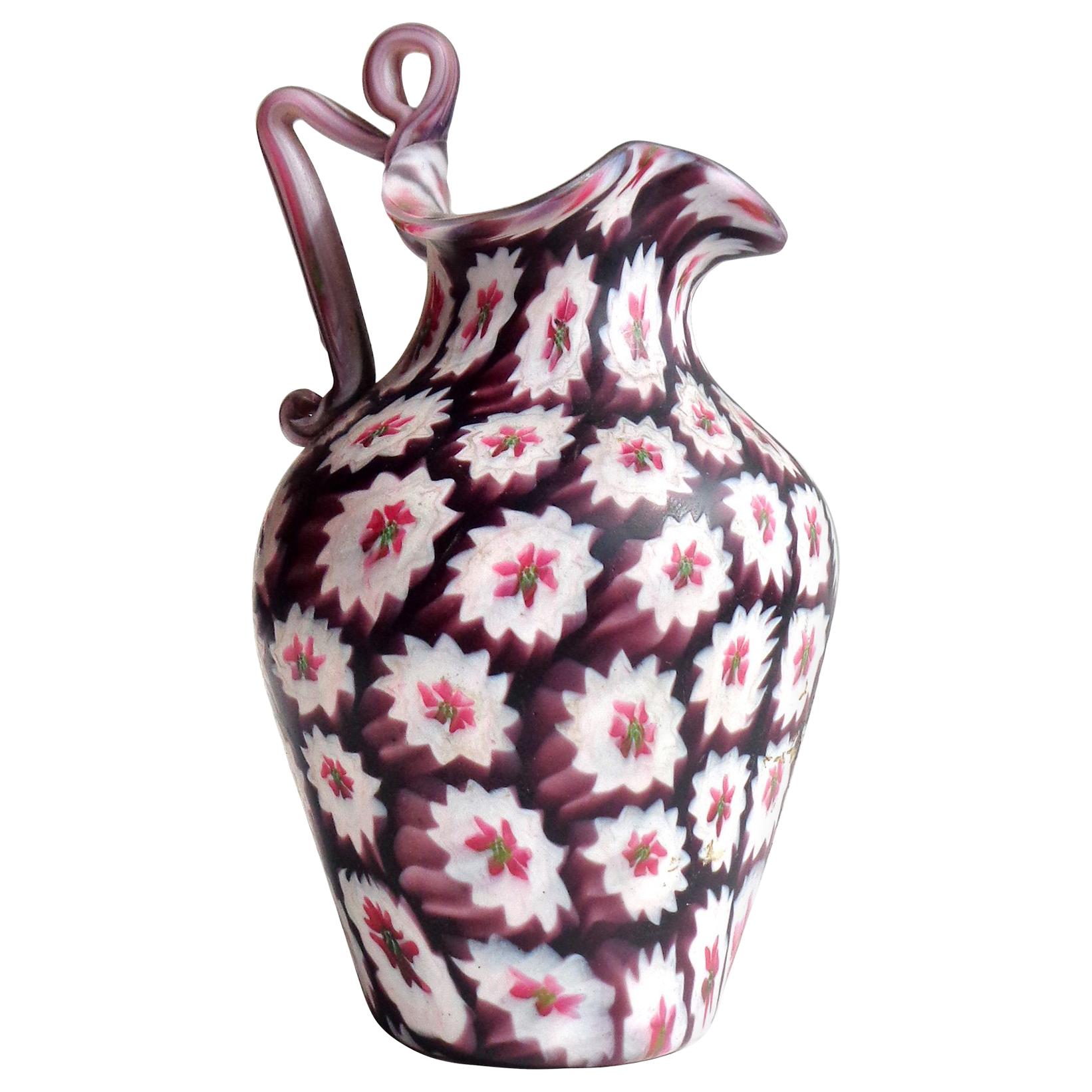 Fratelli Toso Murano Millefiori Flowers Antique Italian Art Glass Pitcher Vase