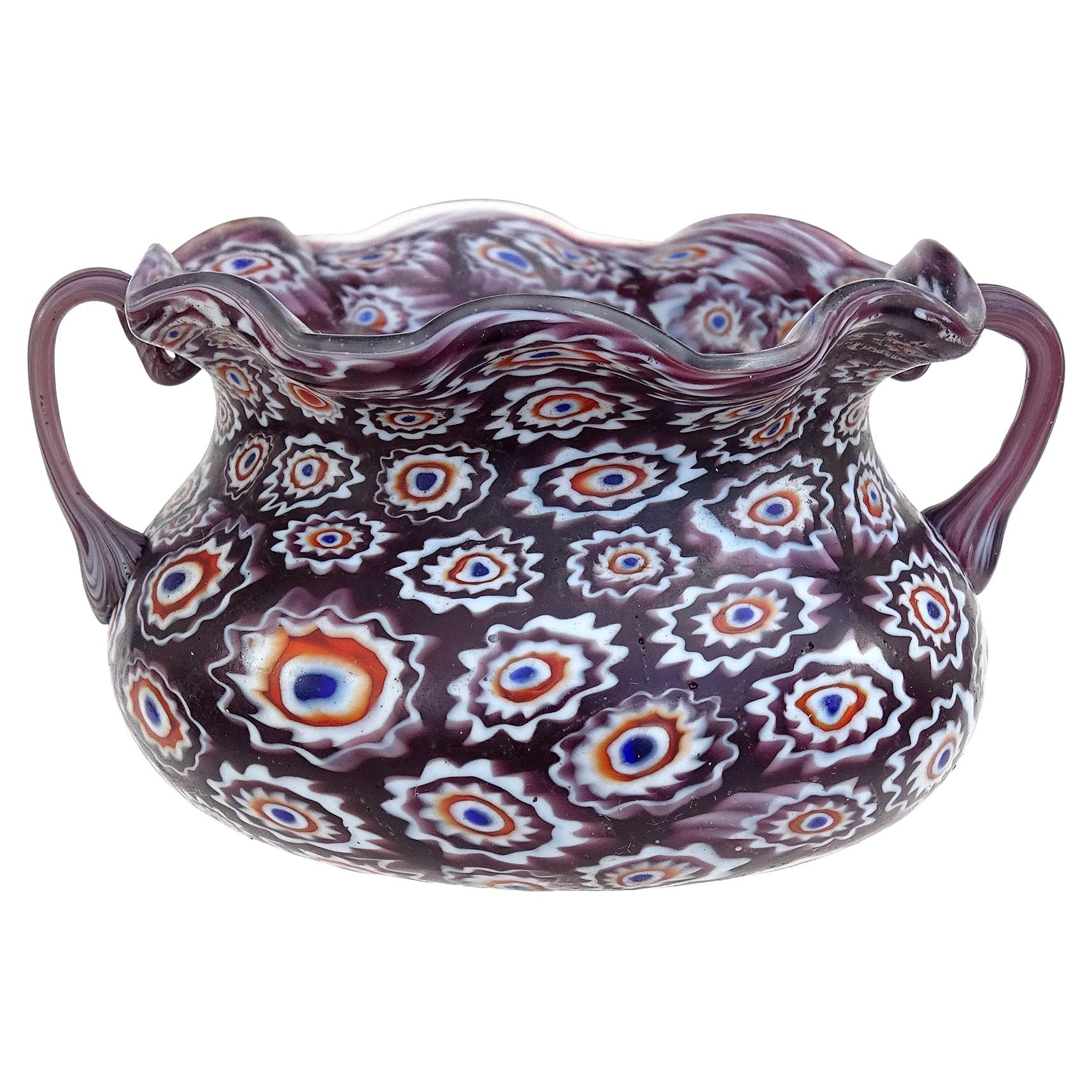 Fratelli Toso Murano Millefiori Flowers Antique Italian Art Glass Ruffled Bowl