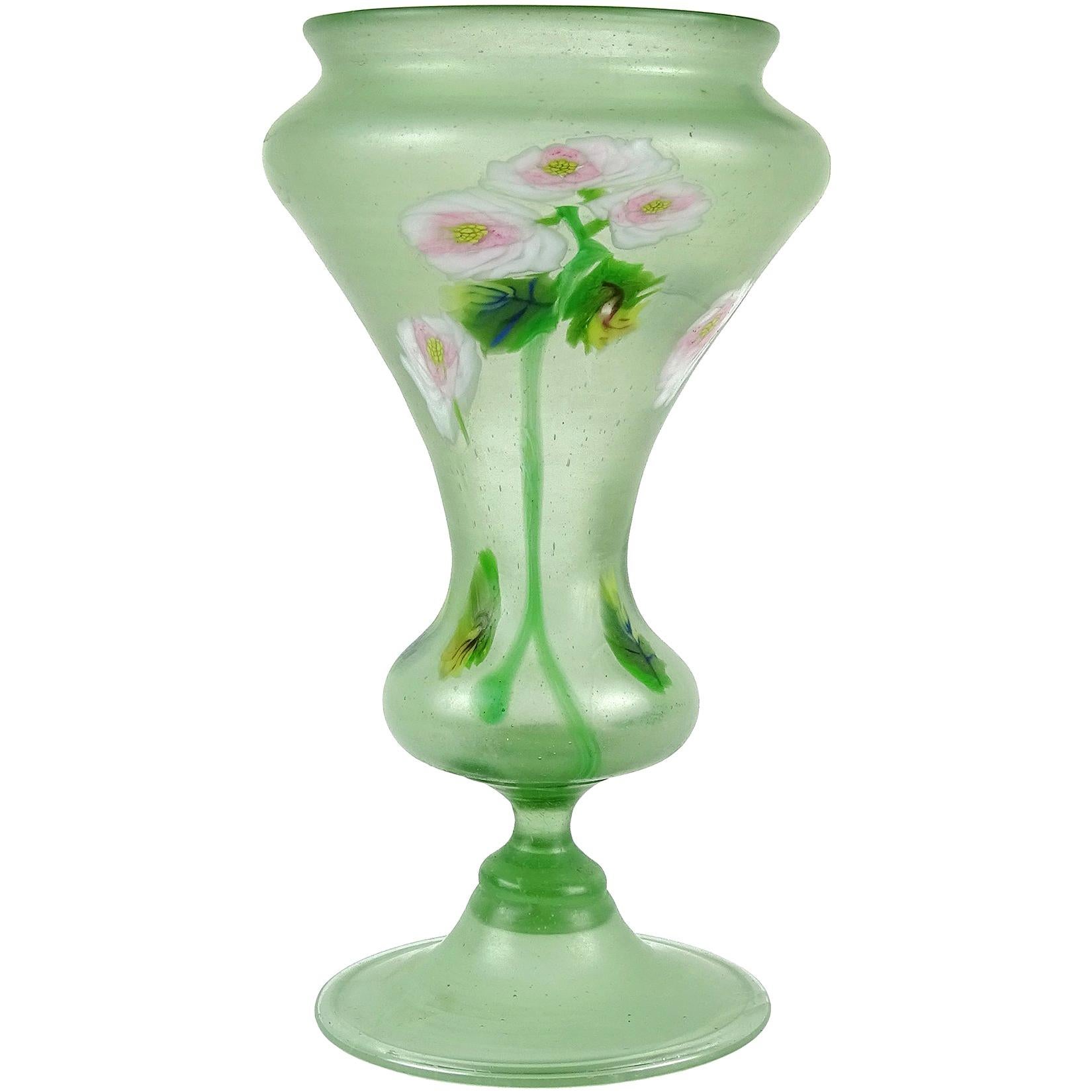 Fratelli Toso Murano Millefiori Flowers Antique Italian Satin Art Glass Vase