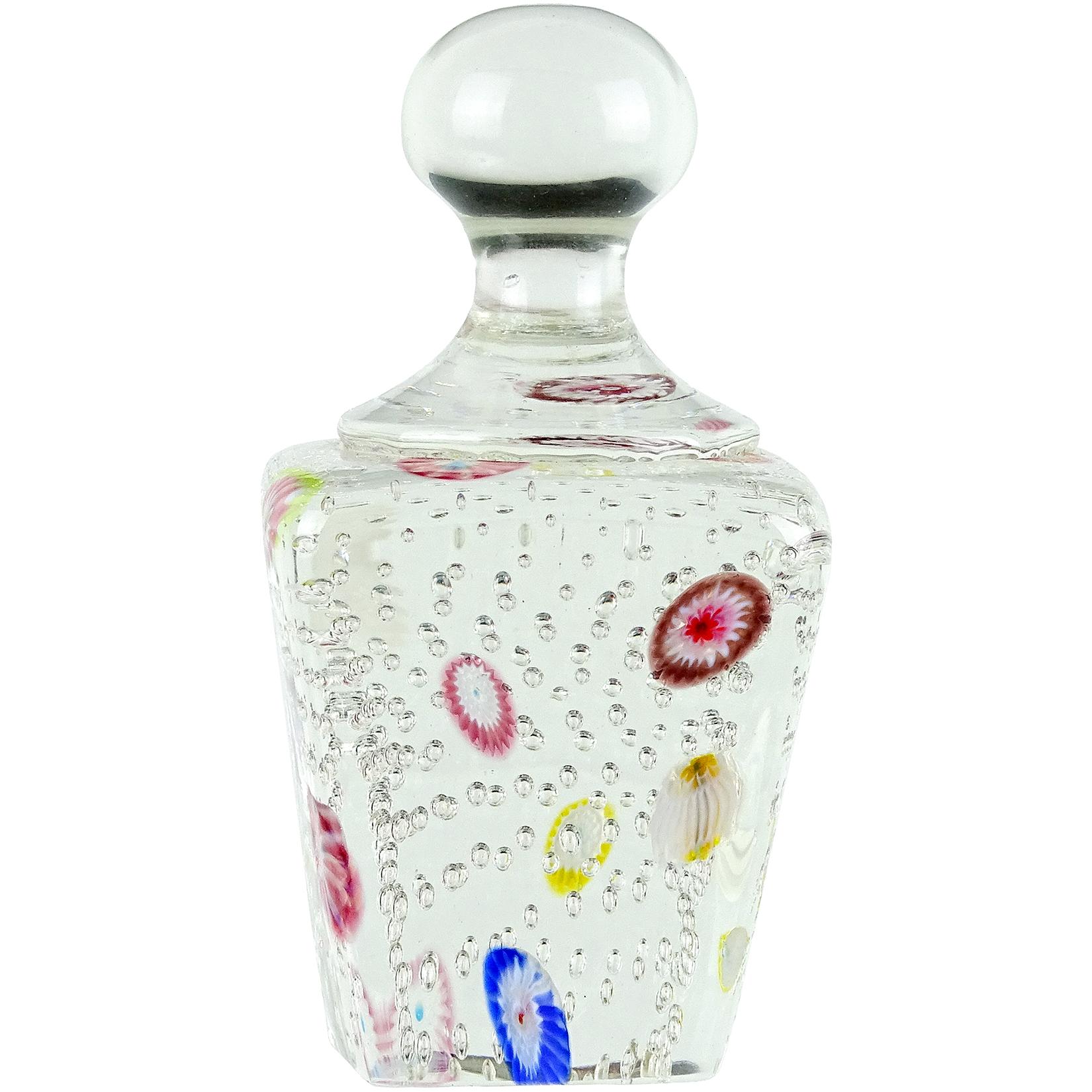 Fratelli Toso Murano Millefiori Flowers Bubbles Italian Art Glass Paperweight
