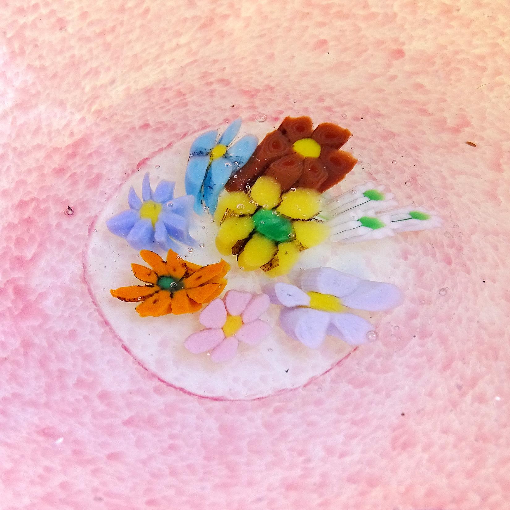 Mid-Century Modern Fratelli Toso Murano Millefiori Flowers Pink Opal Italian Art Glass Orchid Bowl
