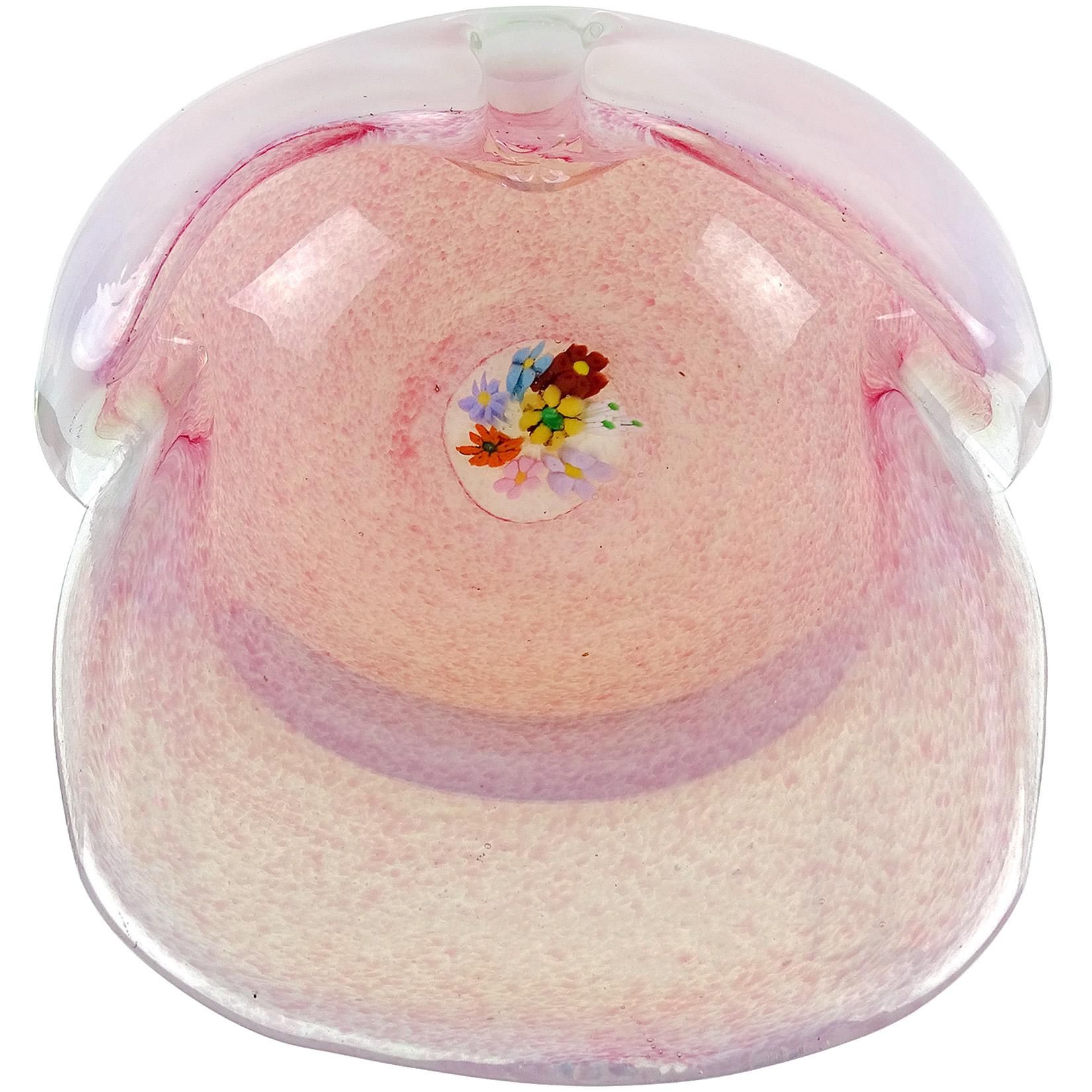 Fratelli Toso Murano Millefiori Flowers Pink Opal Italian Art Glass Orchid Bowl