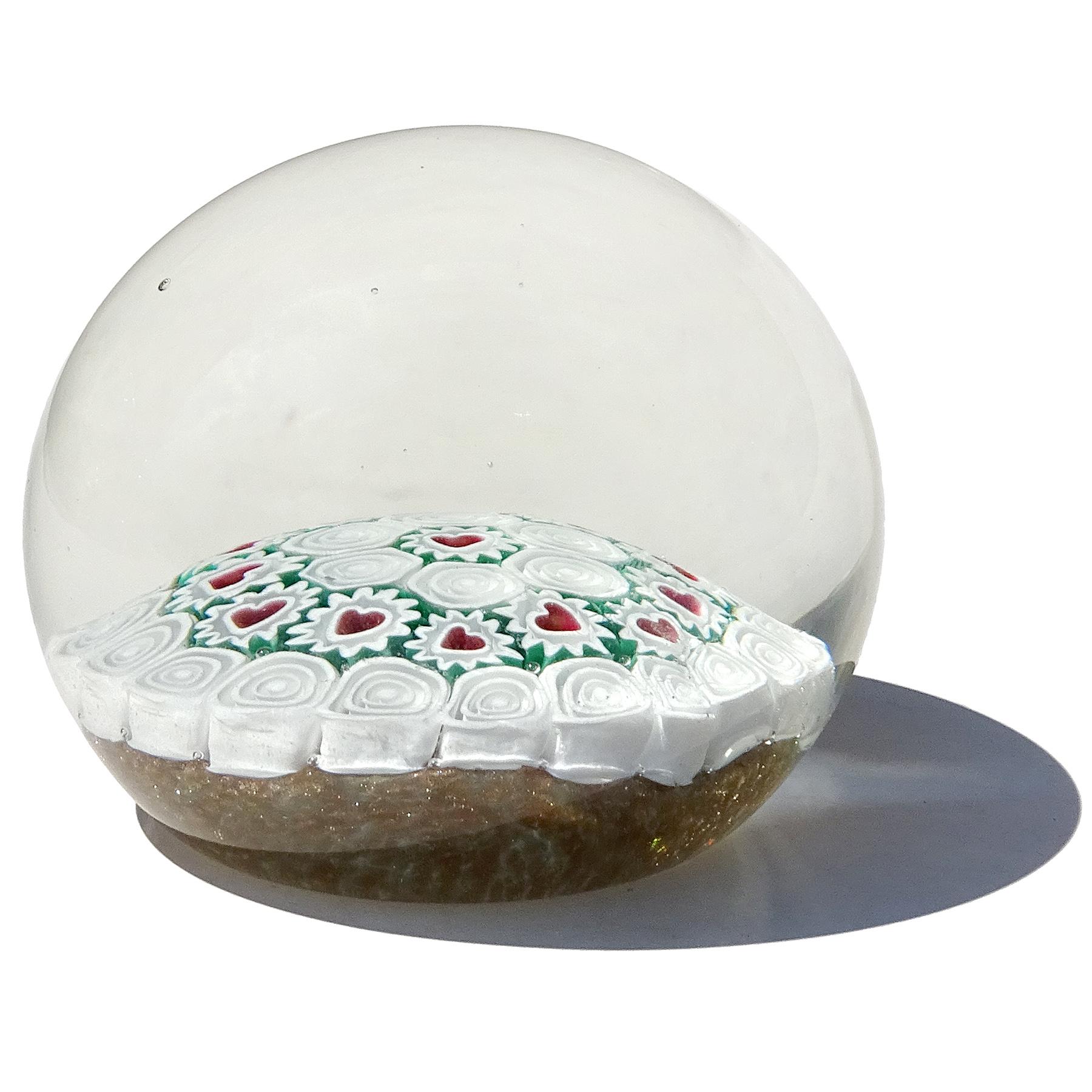 Hand-Crafted Fratelli Toso Murano Millefiori Heart Mosaic Italian Art Glass Paperweight For Sale