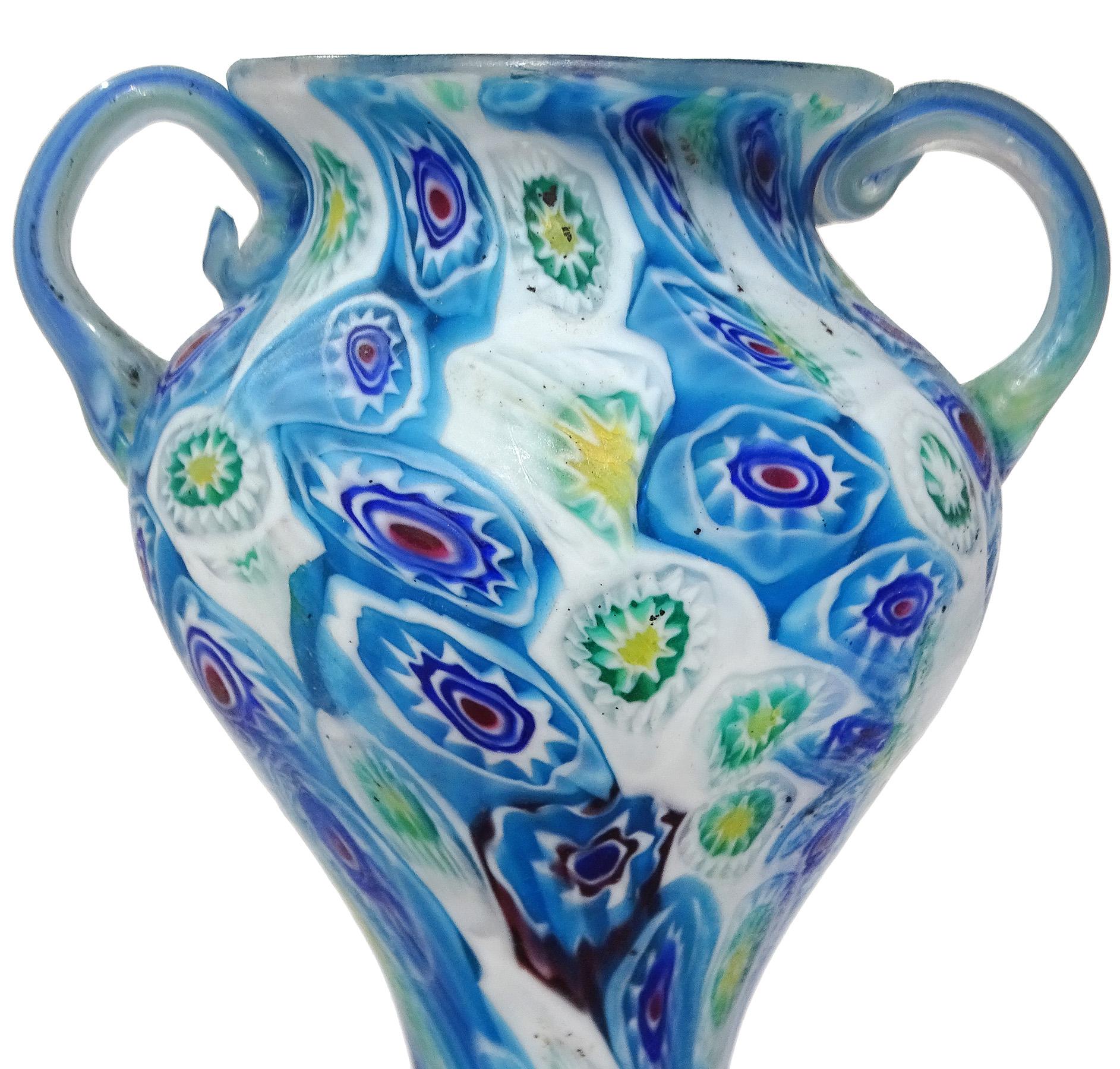 Fratelli Toso Murano Millefiori Mosaik Antike Italienische Kunst Glas Blumenvase (Handgefertigt) im Angebot