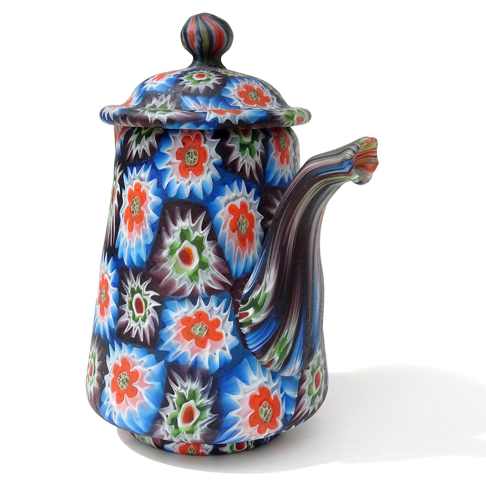 Art Nouveau Fratelli Toso Murano Millefiori Mosaic Teapot Sugar Bowl Italian Art Glass Set For Sale