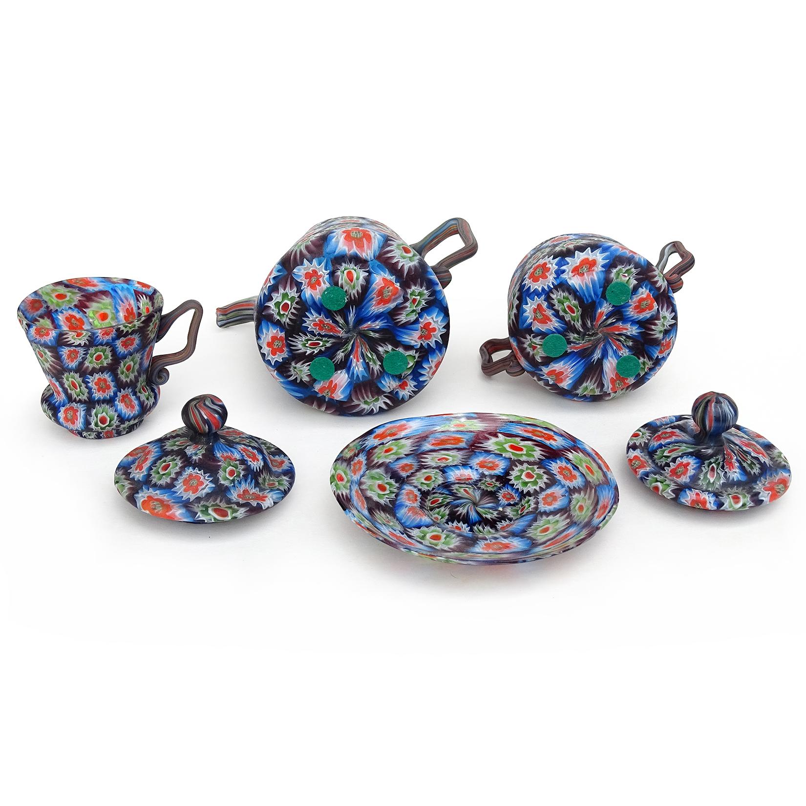Fratelli Toso Murano Millefiori Mosaic Teapot Sugar Bowl Italian Art Glass Set For Sale 1