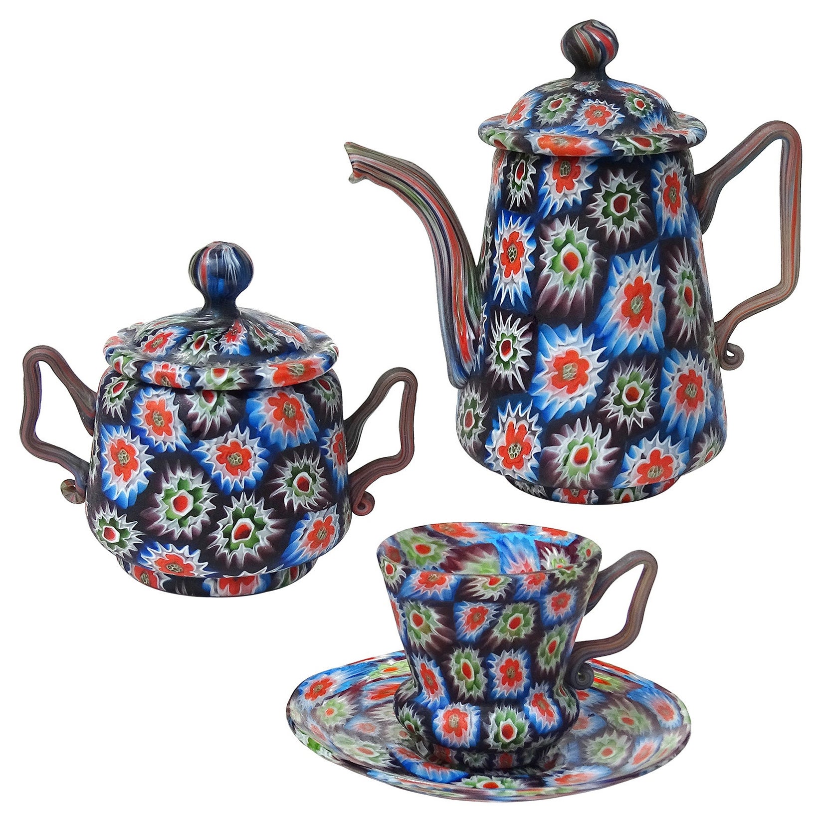Fratelli Toso Murano Millefiori Mosaic Théière Sucre Set de verre d'art italien en vente