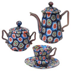 Antique Fratelli Toso Murano Millefiori Mosaic Teapot Sugar Bowl Italian Art Glass Set