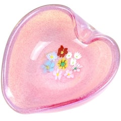 Fratelli Toso Murano Millefiori Pink Opalescent Italian Art Glass Heart Bowl