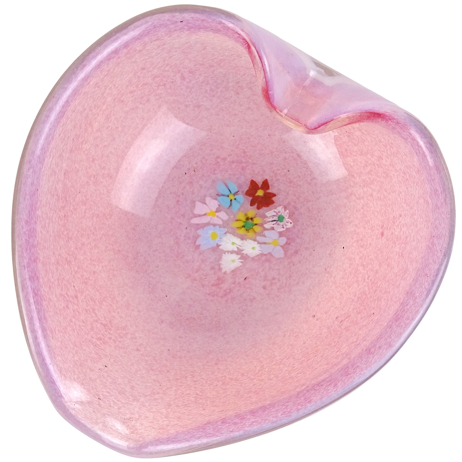 Fratelli Toso Murano Millefiori Pink Opalescent Italian Art Glass Heart Bowl For Sale