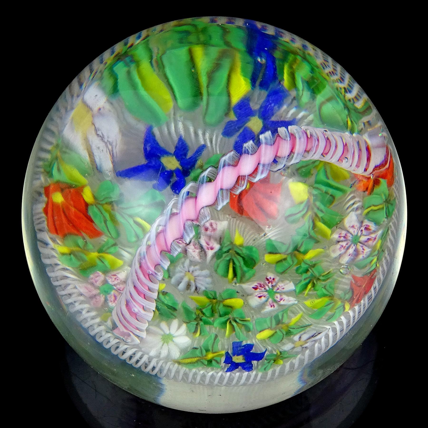 20th Century Fratelli Toso Murano Mosaic Wild Flowers Basket Italian Art Glass Paperweight For Sale