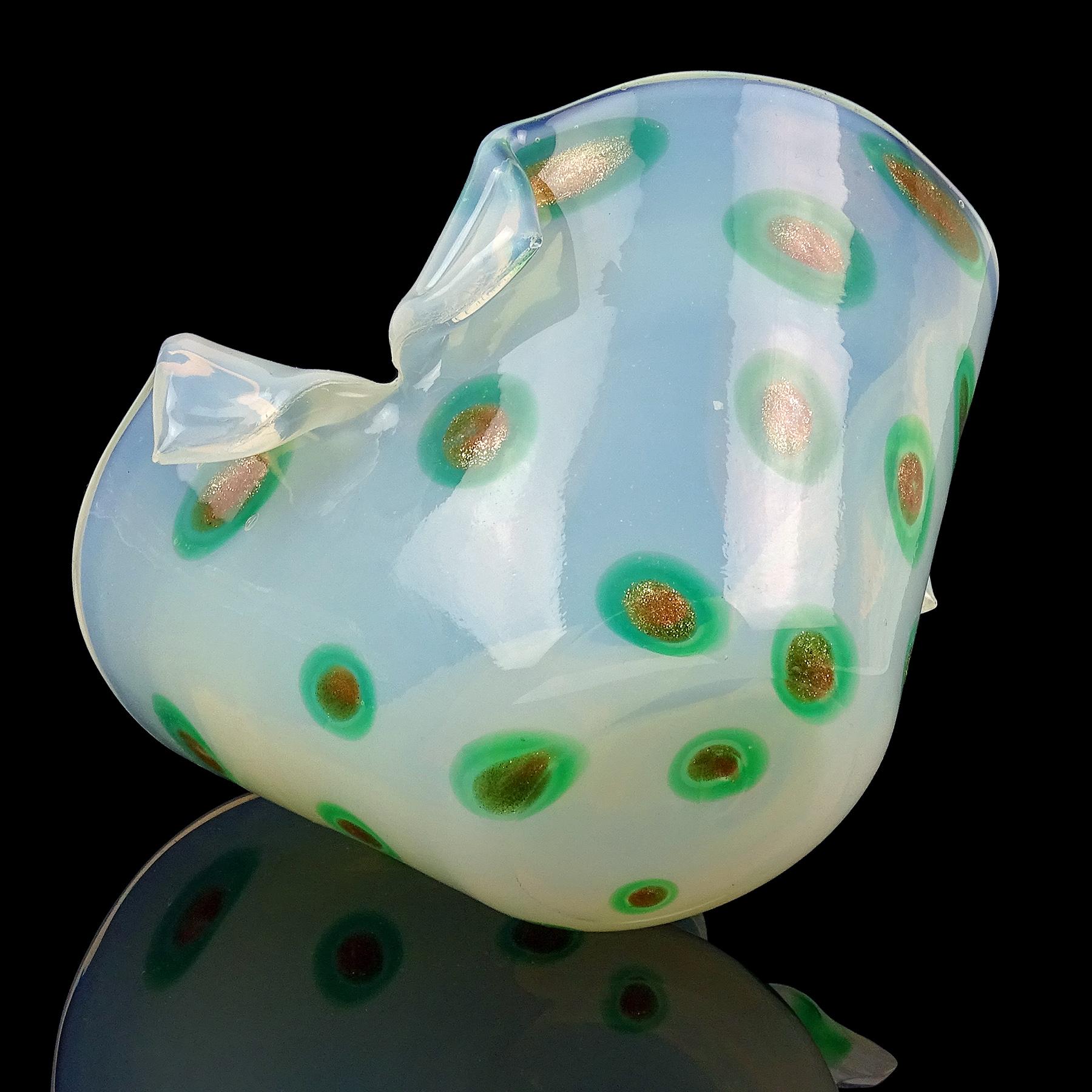 Fratelli Toso Murano Opal Green Aventurine Spots Italian Art Glass Cut Rim Bowl For Sale 5