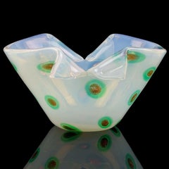 Fratelli Toso Murano Opal Green Aventurine Spots Italian Art Glass Cut Rim Bowl