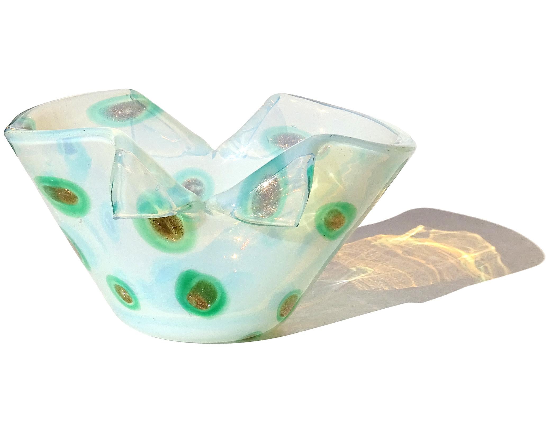 Mid-Century Modern Fratelli Toso Murano Opal Green Aventurine Spots Italian Art Glass Cut Rim Bowl For Sale