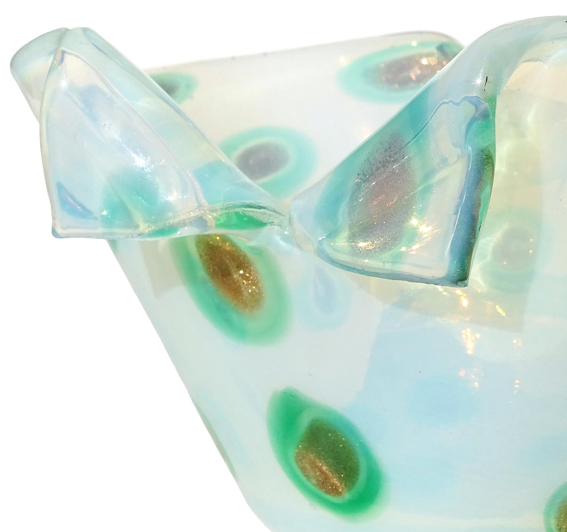 Hand-Crafted Fratelli Toso Murano Opal Green Aventurine Spots Italian Art Glass Cut Rim Bowl For Sale