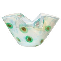 Fratelli Toso Murano Opal Green Aventurine Spots Italian Art Glass Cut Rim Bol