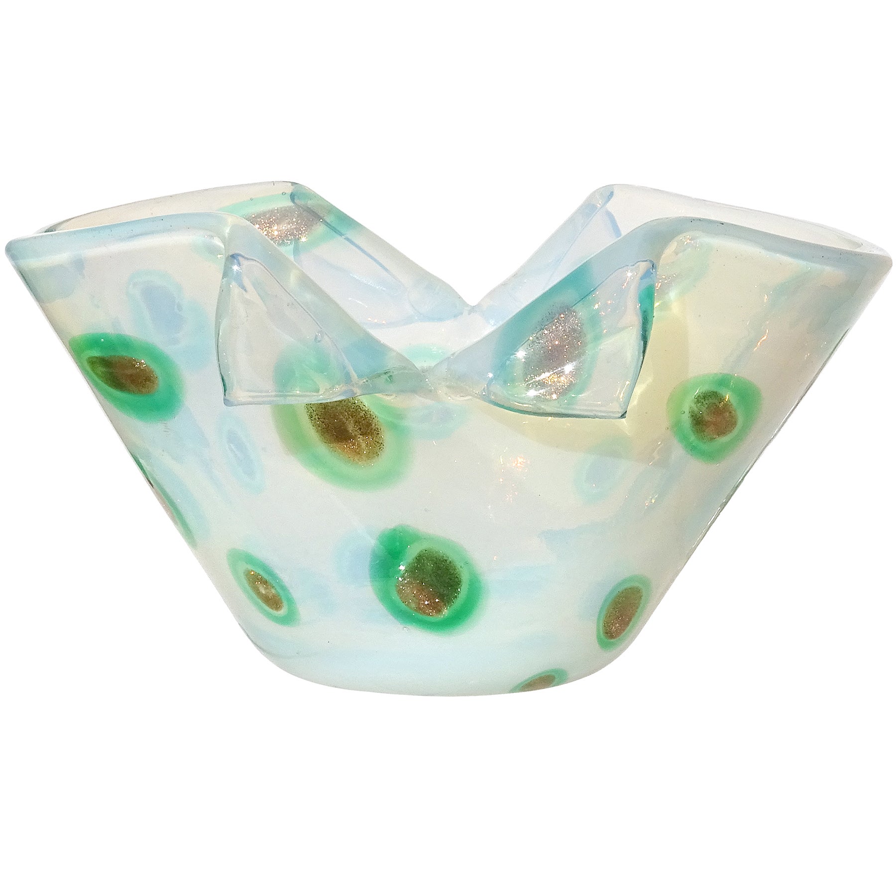Fratelli Toso Murano Opal Green Aventurine Spots Italian Art Glass Cut Rim Bowl
