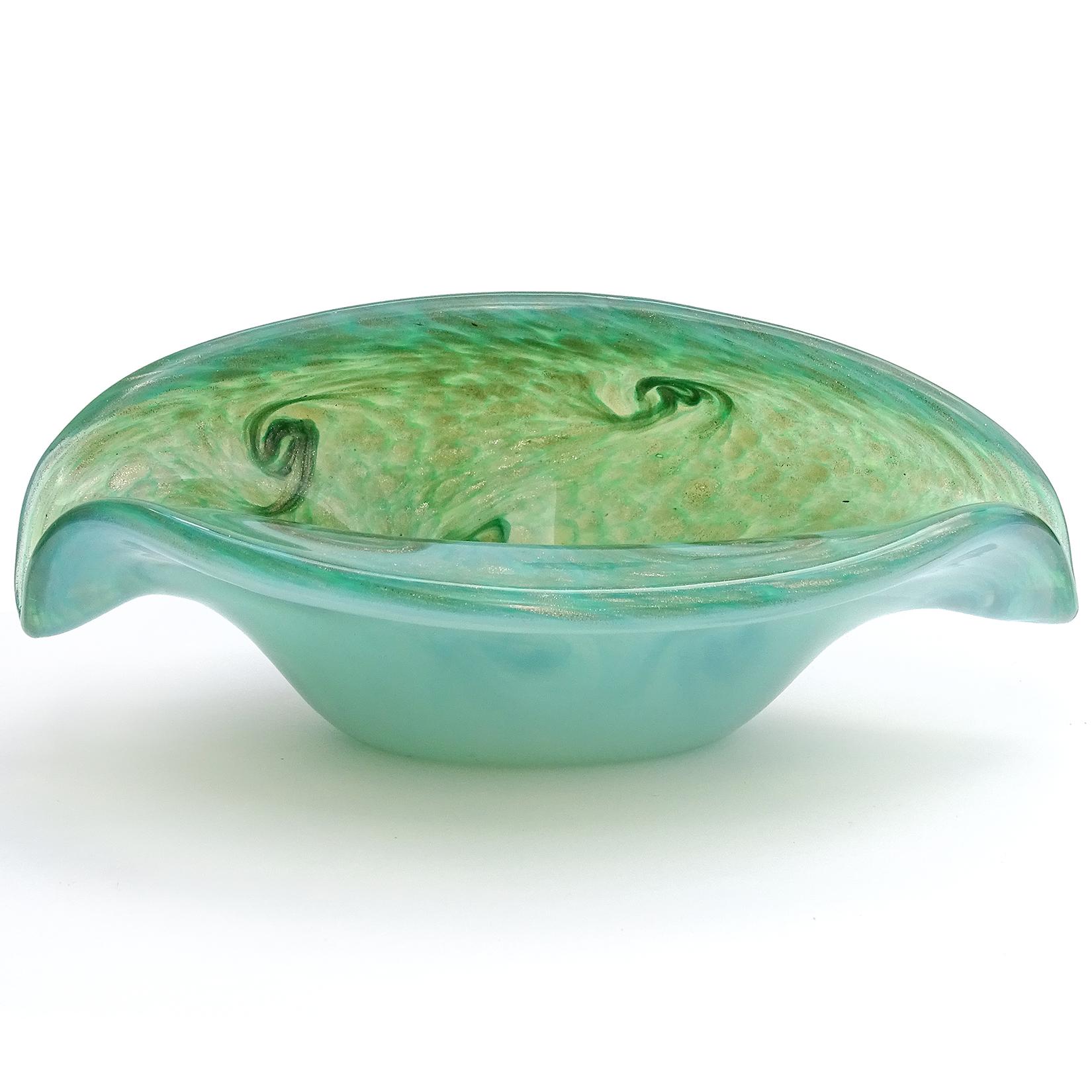 Mid-Century Modern Fratelli Toso Murano Opal Green Aventurine Swirl Italian Art Glass Bowl Dish
