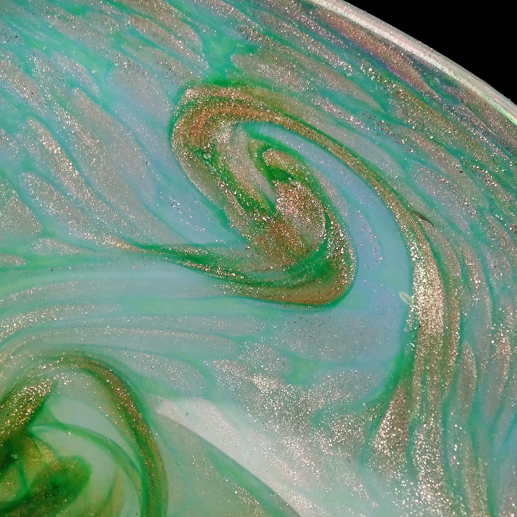 20th Century Fratelli Toso Murano Opal Green Aventurine Swirl Italian Art Glass Bowl Dish