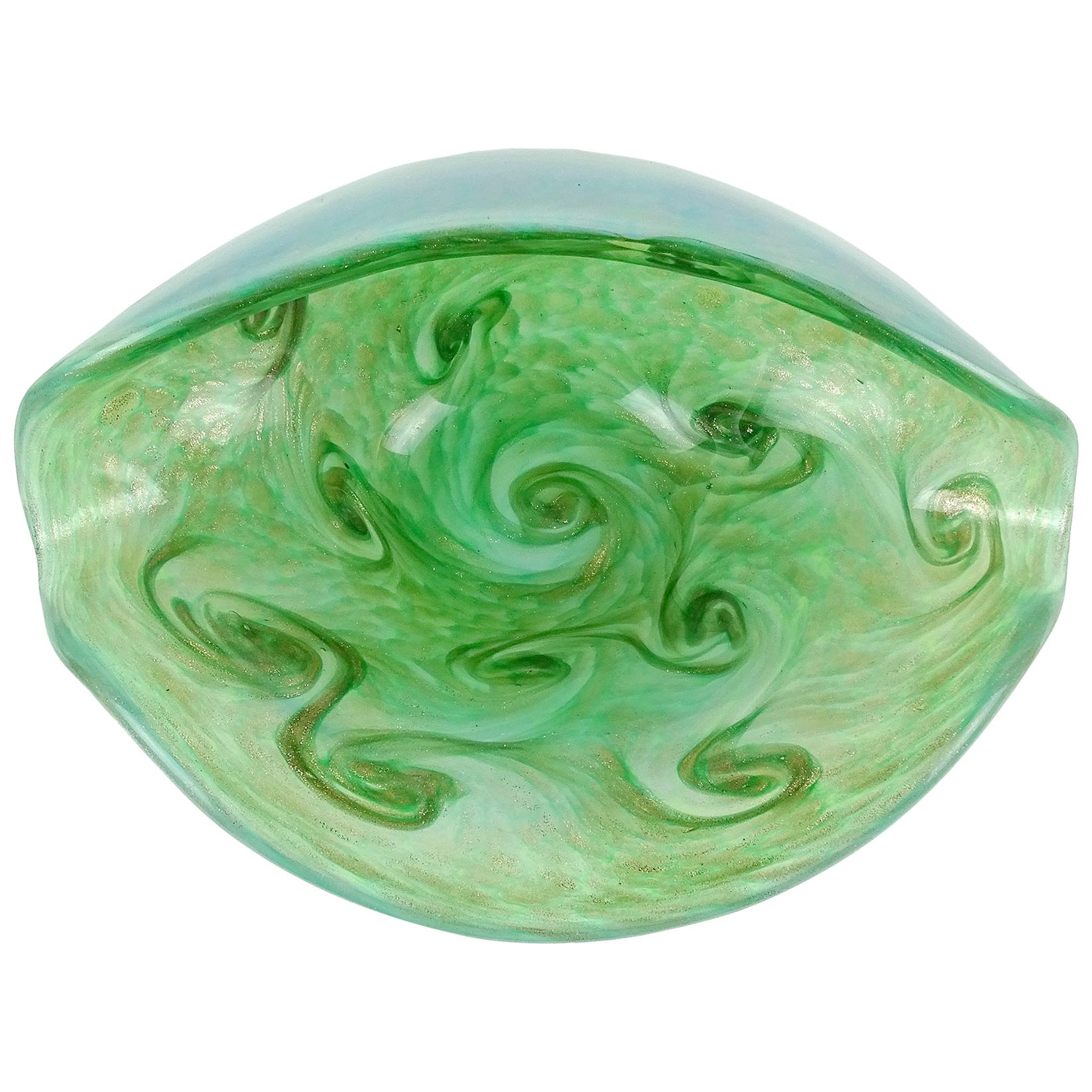 Fratelli Toso Murano Opal Green Aventurine Swirl Italian Art Glass Bowl Dish