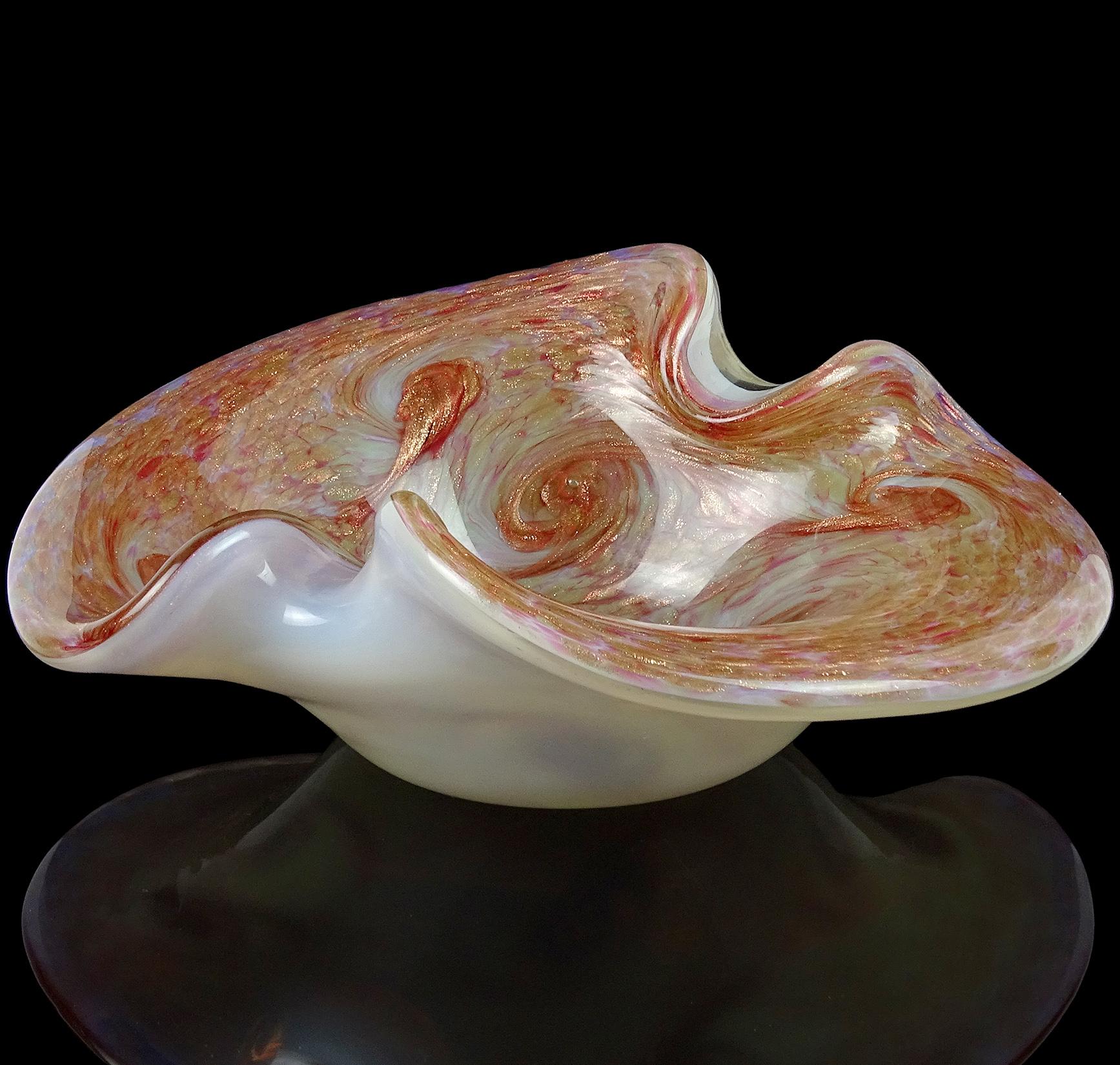 Beautiful vintage Murano hand blown opalescent white, pink and copper aventurine swirls Italian art glass bowl. Documented to the Fratelli Toso company, in the 