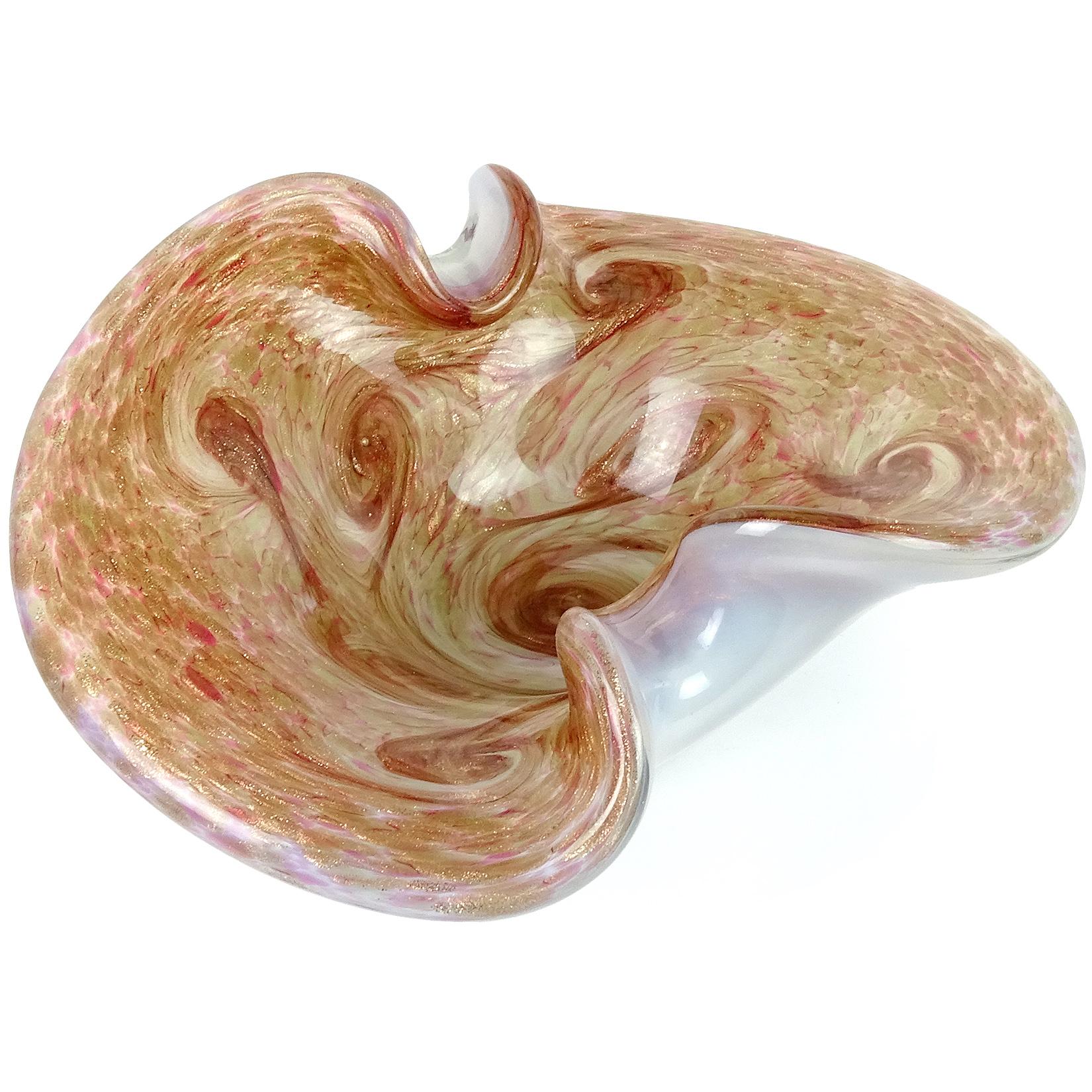 Mid-Century Modern Fratelli Toso Murano Opal Pink Aventurine Flecks Swirl Italian Art Glass Bowl