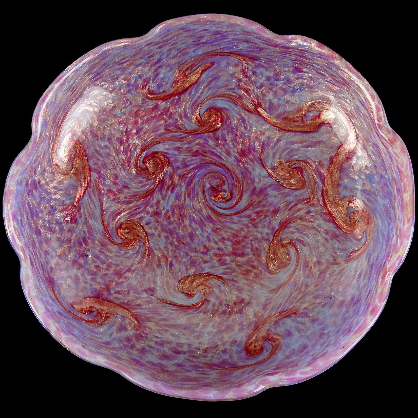 Großes und wunderschönes, mundgeblasenes, opalisierendes italienisches Murano-Kunstglas mit rosa und aventurinfarbenen Wirbeln. Dokumentiert für die Firma Fratelli Toso, im Design 