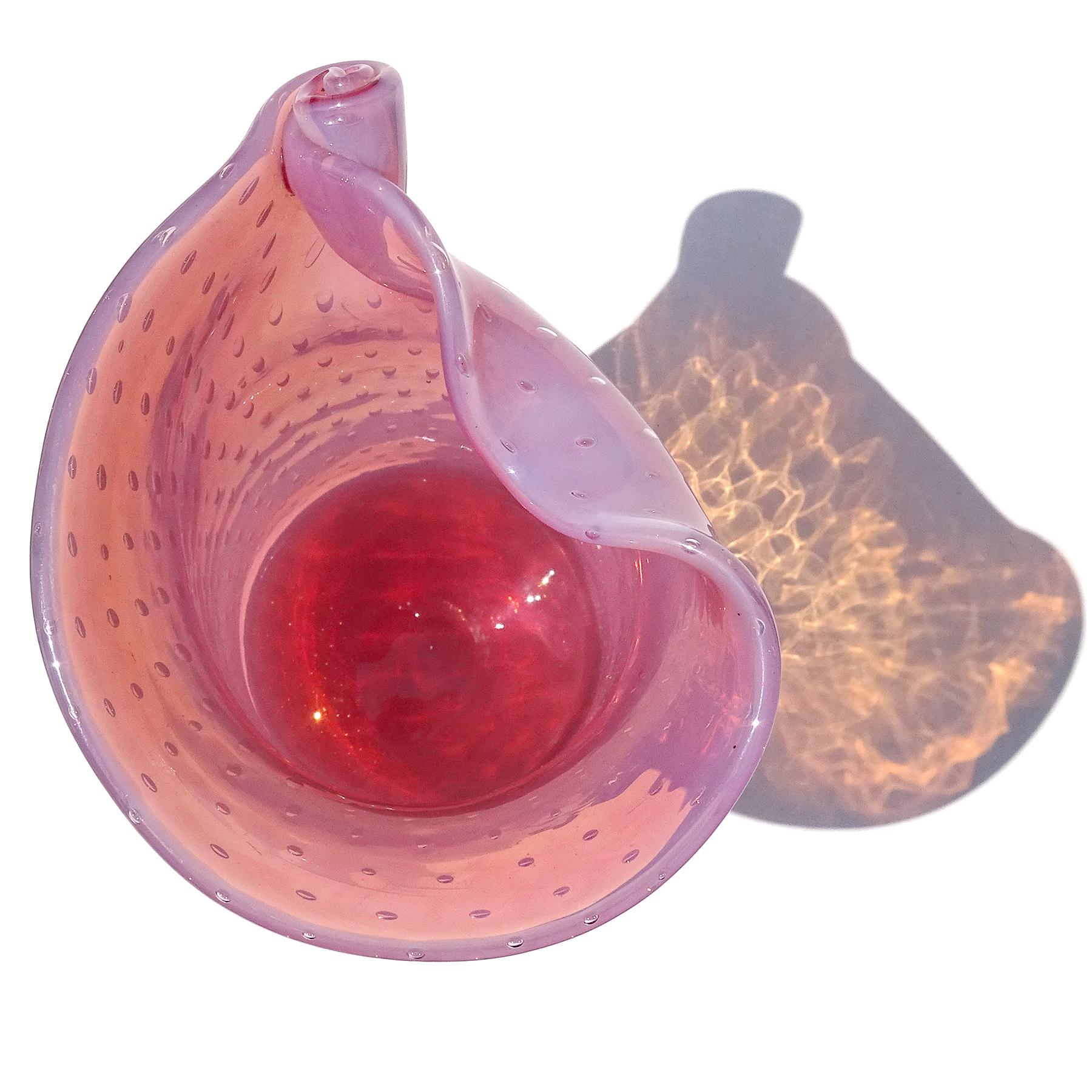 Fratelli Toso Murano Opal Pink Bubbles Italian Art Glass Scroll Top Flower Vase For Sale 4