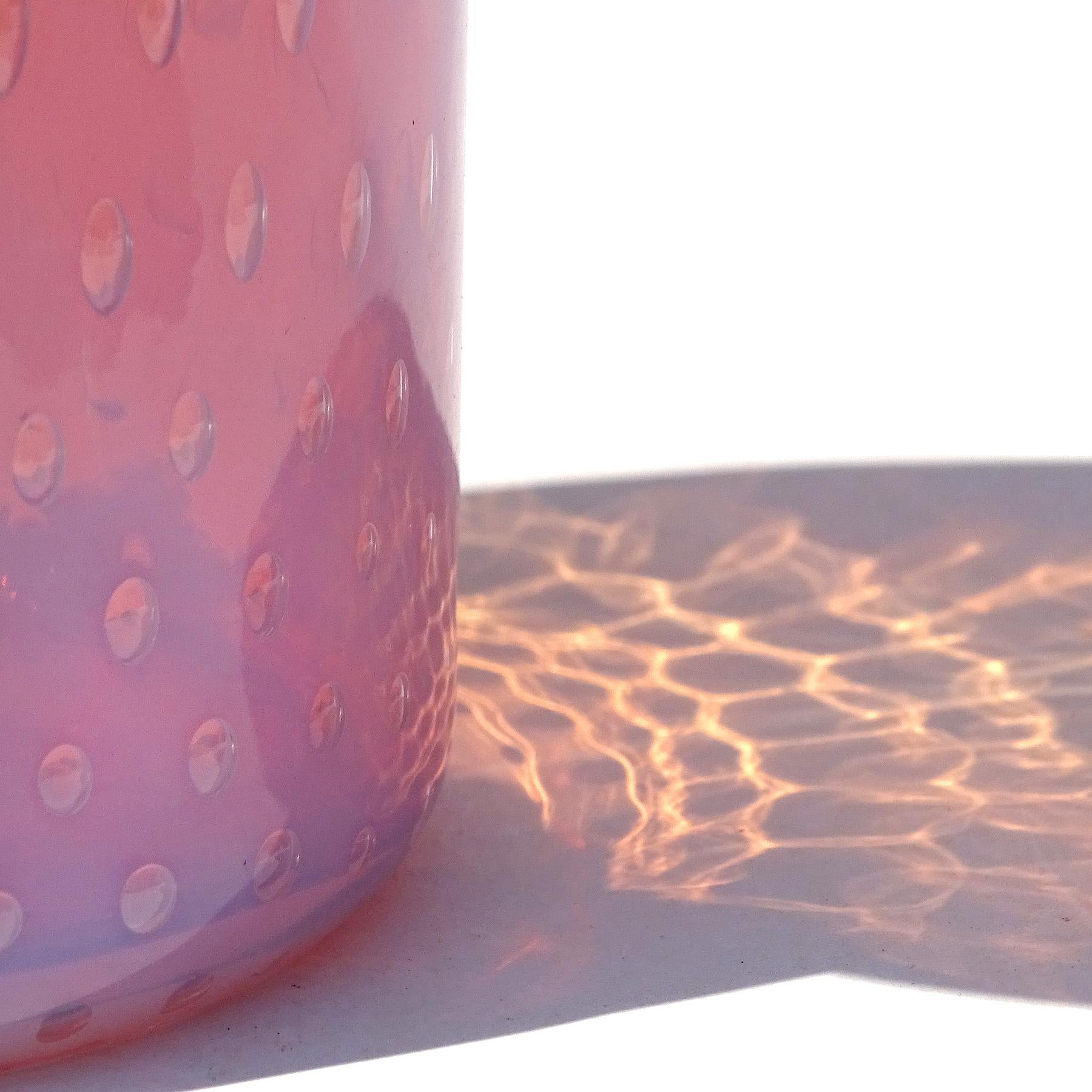 Fratelli Toso Murano Opal Pink Bubbles Italian Art Glass Scroll Top Flower Vase For Sale 5