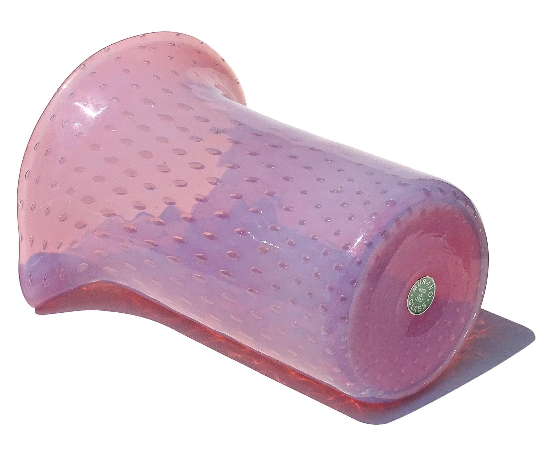 Fratelli Toso Murano Opal Pink Bubbles Italian Art Glass Scroll Top Flower Vase For Sale 6