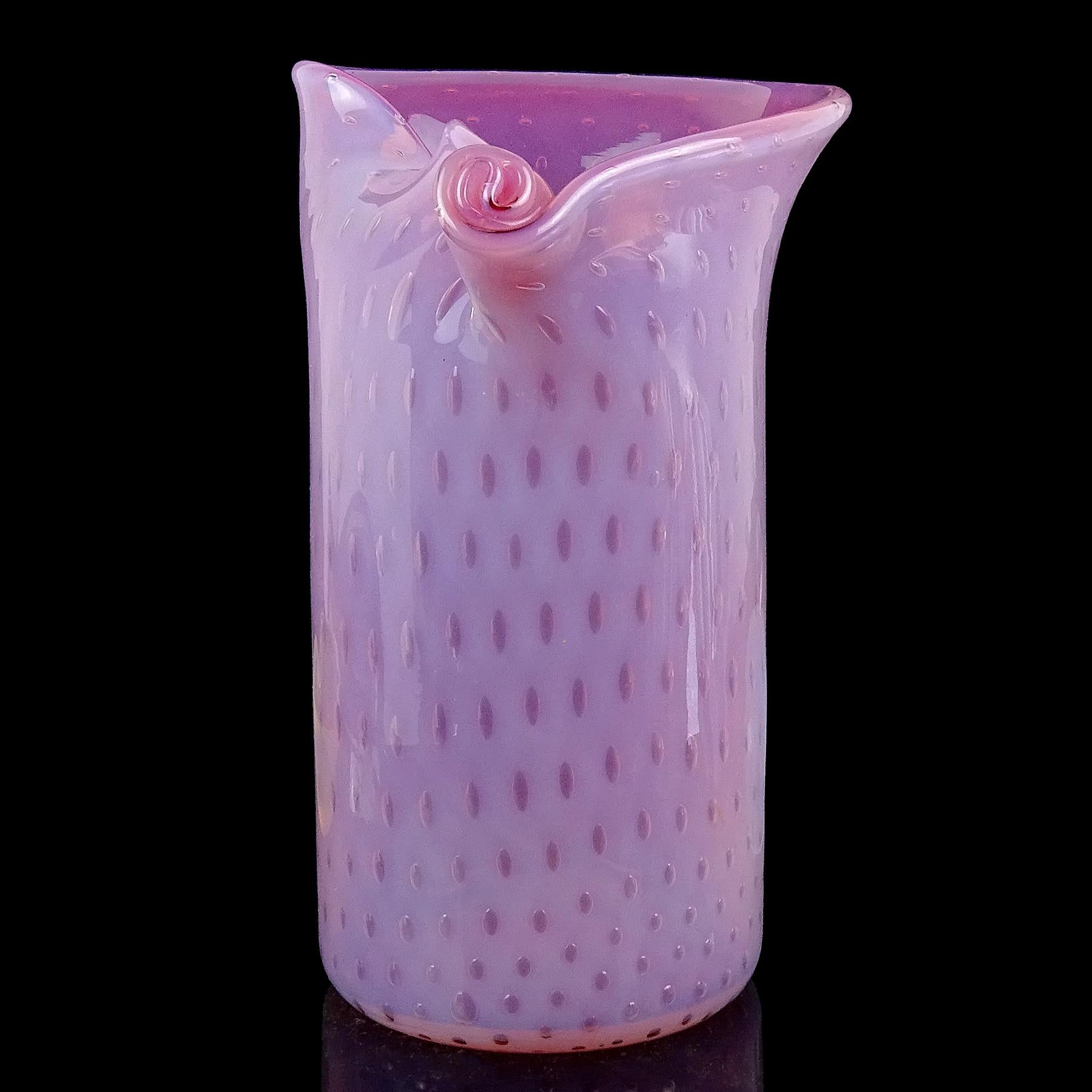 Mid-Century Modern Fratelli Toso Murano Opal Pink Bubbles Italian Art Glass Scroll Top Flower Vase