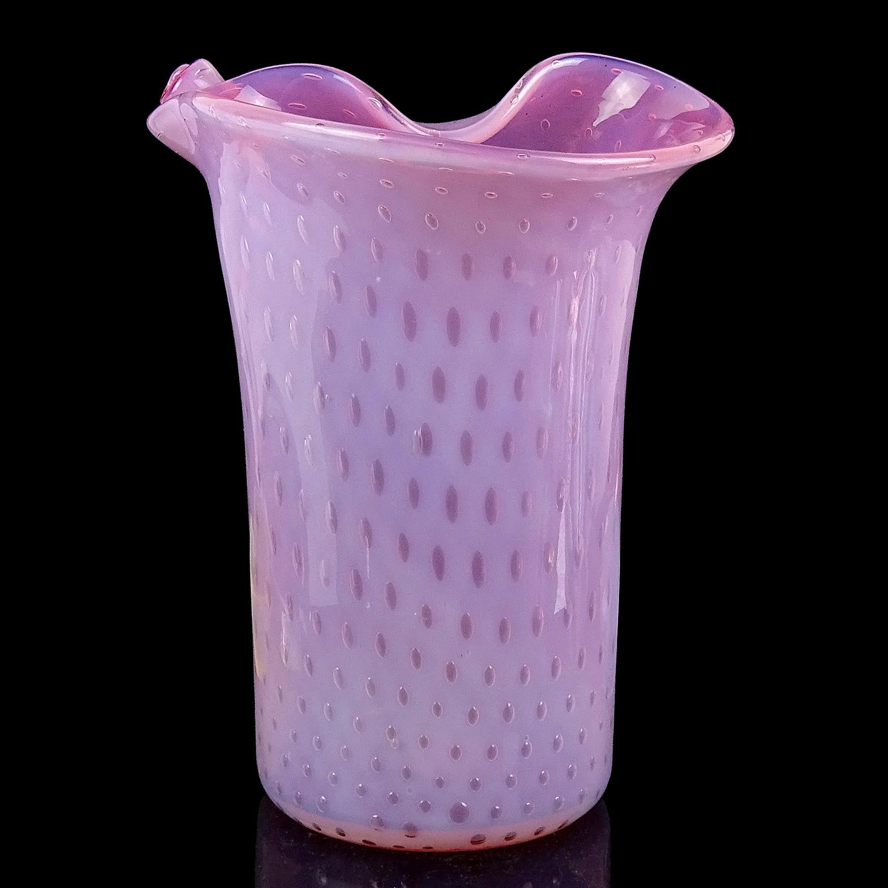 Hand-Crafted Fratelli Toso Murano Opal Pink Bubbles Italian Art Glass Scroll Top Flower Vase For Sale