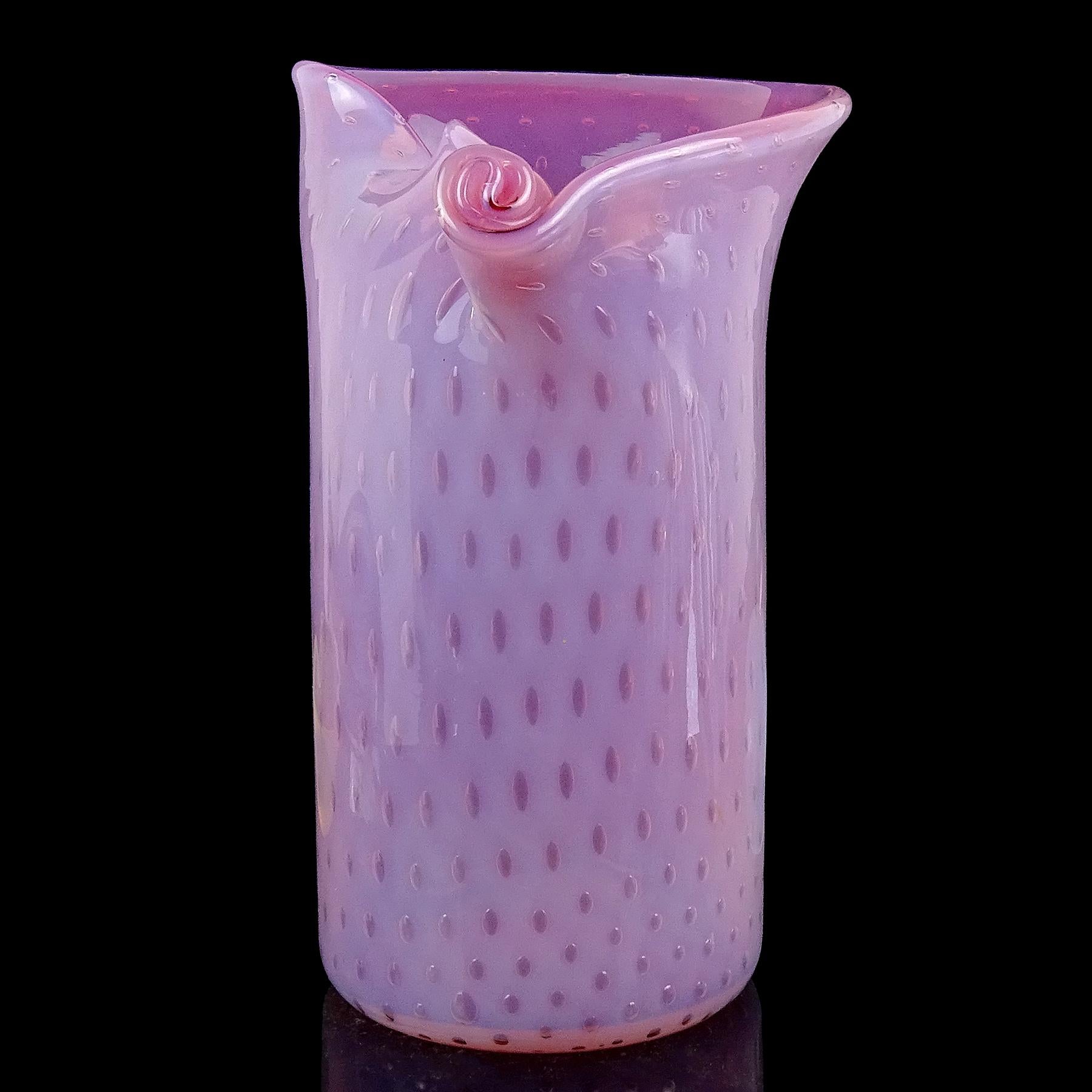 20th Century Fratelli Toso Murano Opal Pink Bubbles Italian Art Glass Scroll Top Flower Vase For Sale