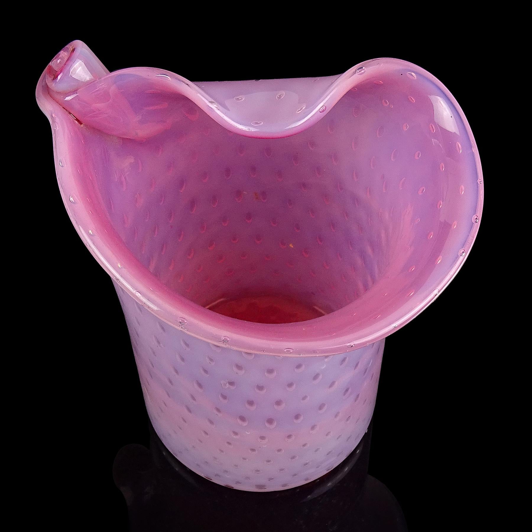 Fratelli Toso Murano Opal Pink Bubbles Italian Art Glass Scroll Top Flower Vase For Sale 1