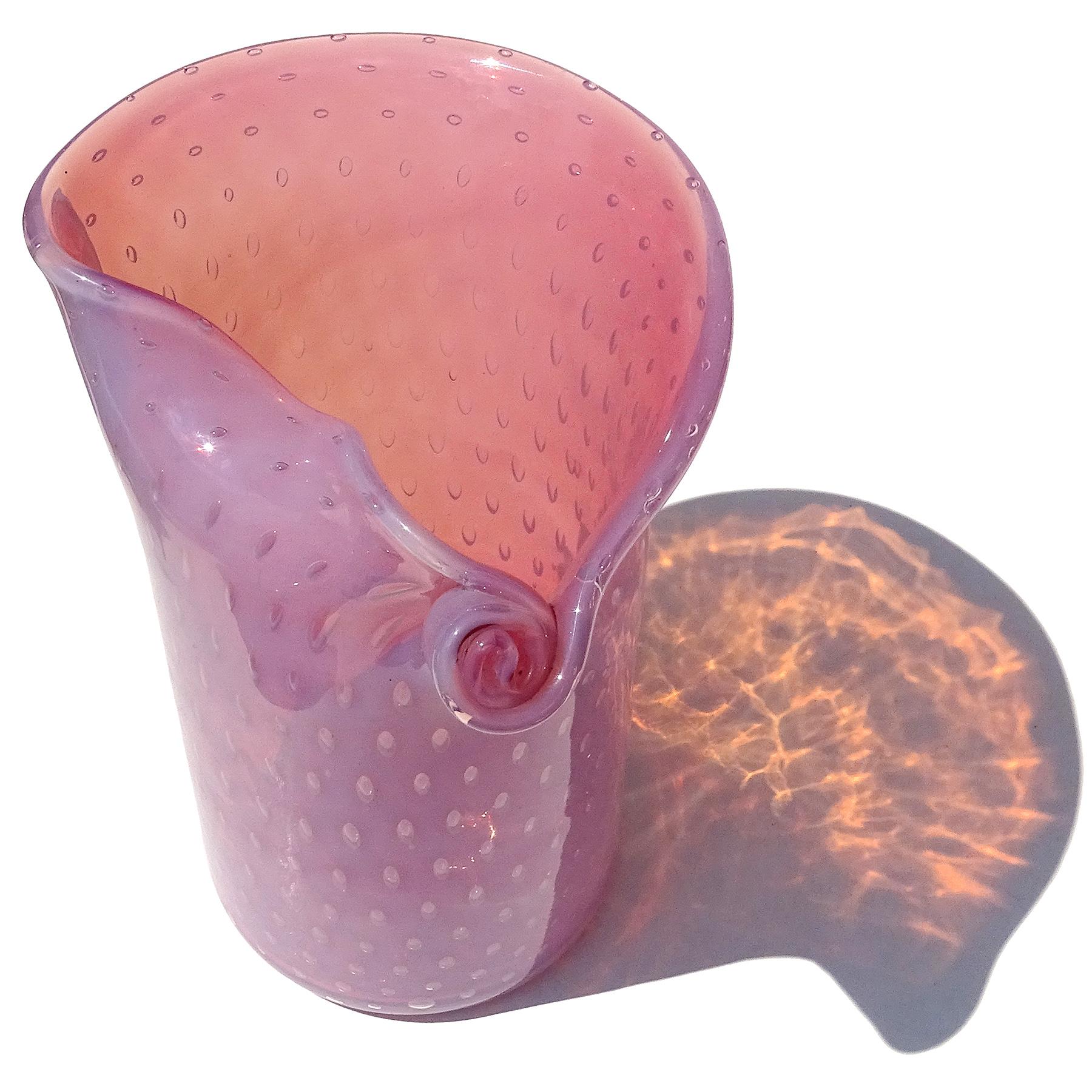 Fratelli Toso Murano Opal Pink Bubbles Italian Art Glass Scroll Top Flower Vase For Sale 1