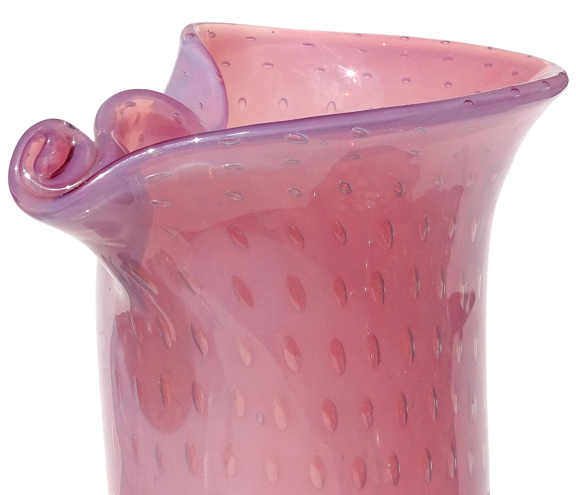 Fratelli Toso Murano Opal Pink Bubbles Italian Art Glass Scroll Top Flower Vase 1